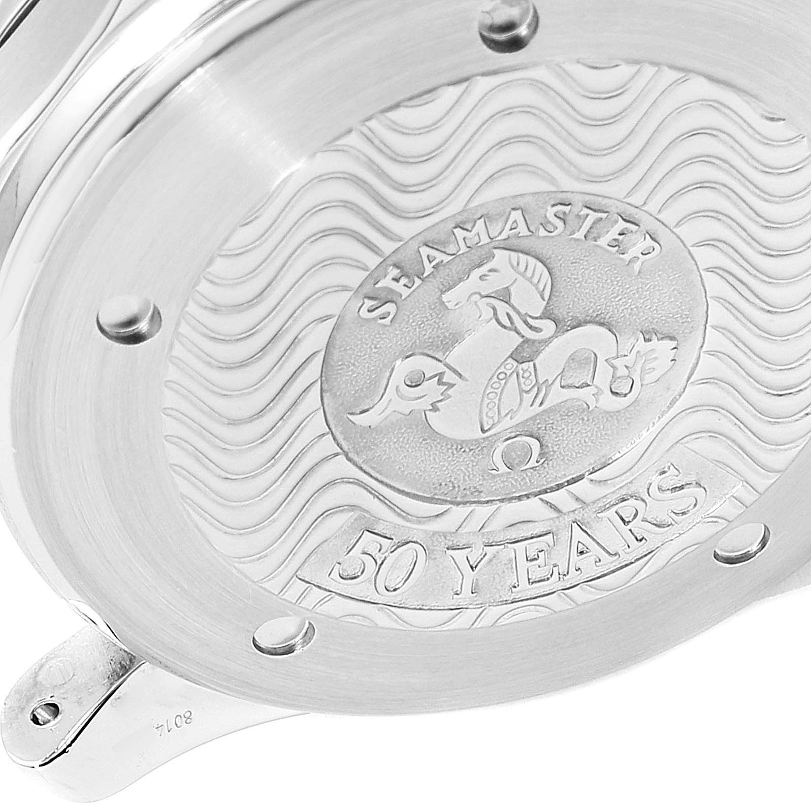 This image shows the engraved case back of an Omega Seamaster 2234.50.00 Men
s Stainless Steel Black Dial 2234.50.00 Men
s Stainless Steel Black Dial watch, marked "50 Years."