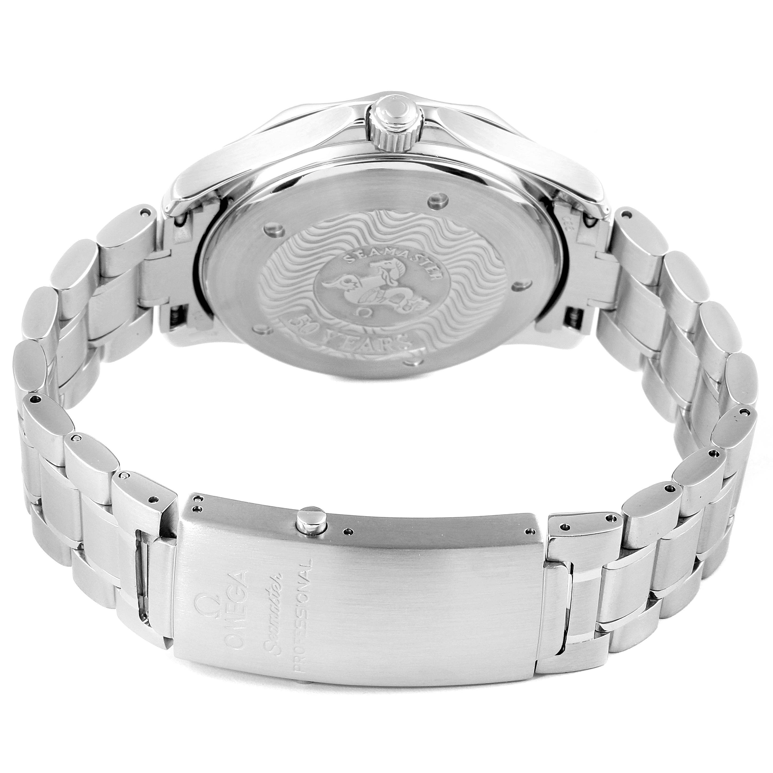 The image shows the back and clasp of an Omega Seamaster 2234.50.00 Men
s Stainless Steel Black Dial 2234.50.00 Men
s Stainless Steel Black Dial watch in a partially opened position.