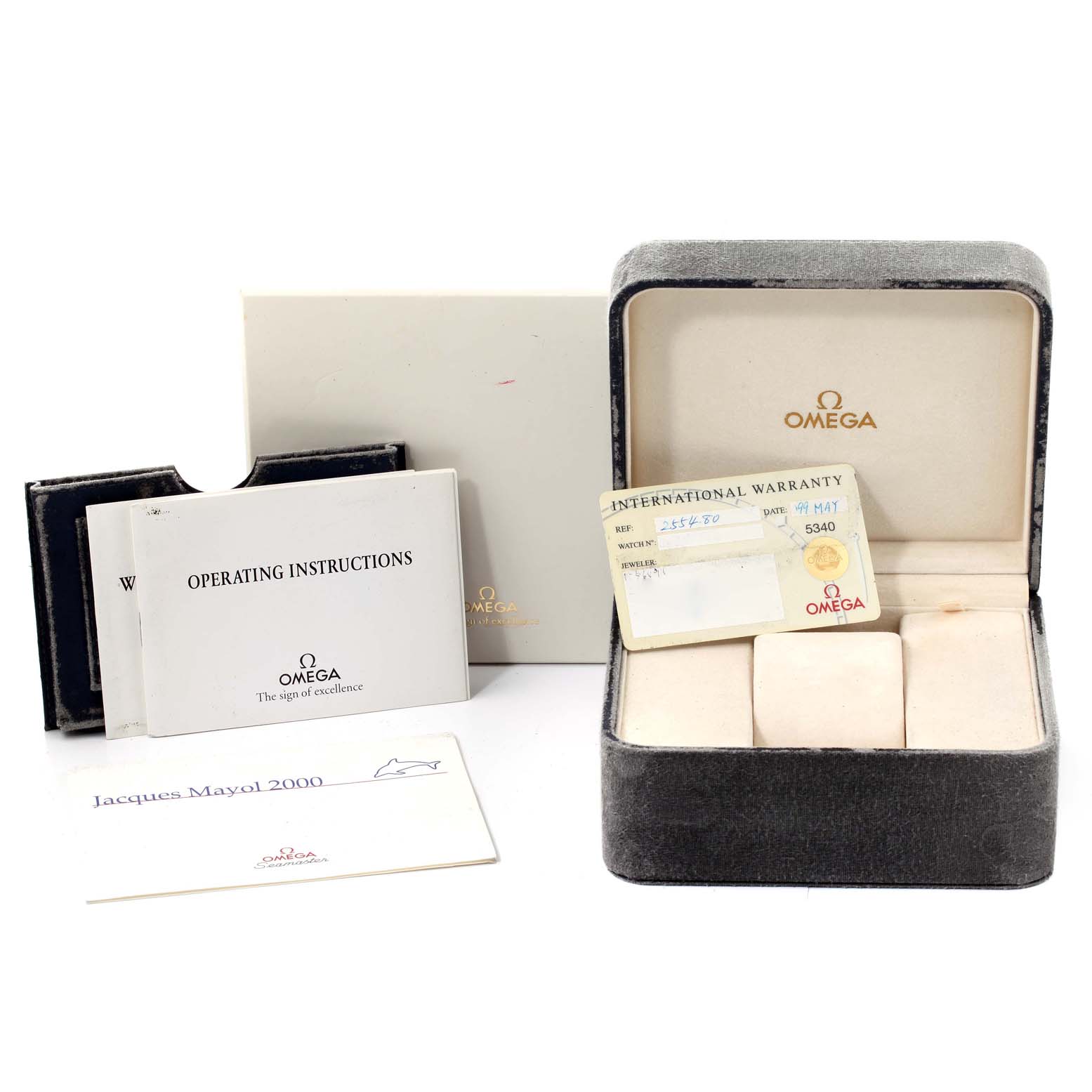 The image shows a presentation box, operating instructions, warranty card, and papers for the Omega Seamaster 2554.80.00 Men's Stainless Steel Blue Dial 2554.80.00 Men's Stainless Steel Blue Dial watch model.