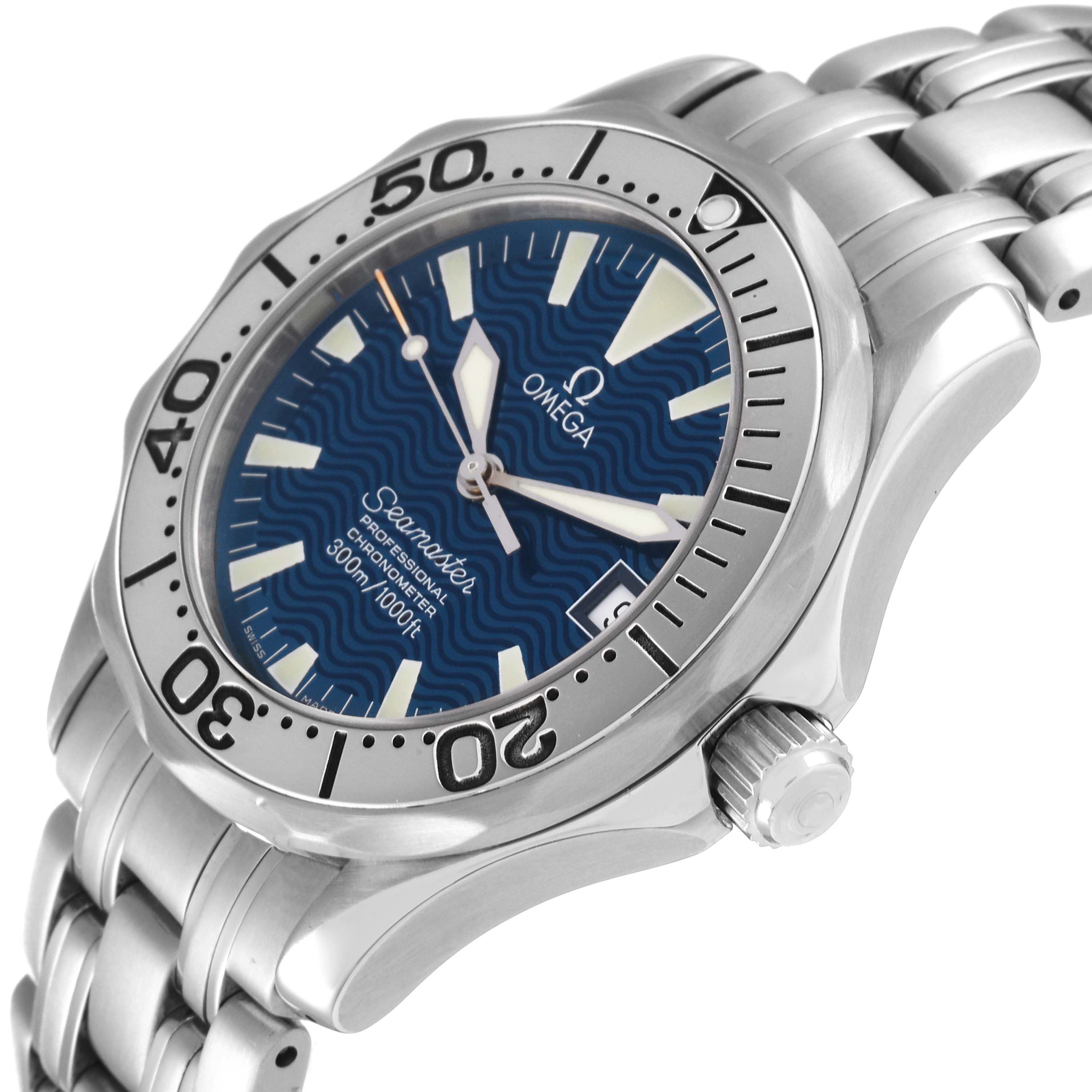 This image shows an angled view of the Omega Seamaster 2554.80.00 Men's Stainless Steel Blue Dial 2554.80.00 Men's Stainless Steel Blue Dial watch, highlighting the dial, bezel, crown, and part of the bracelet.
