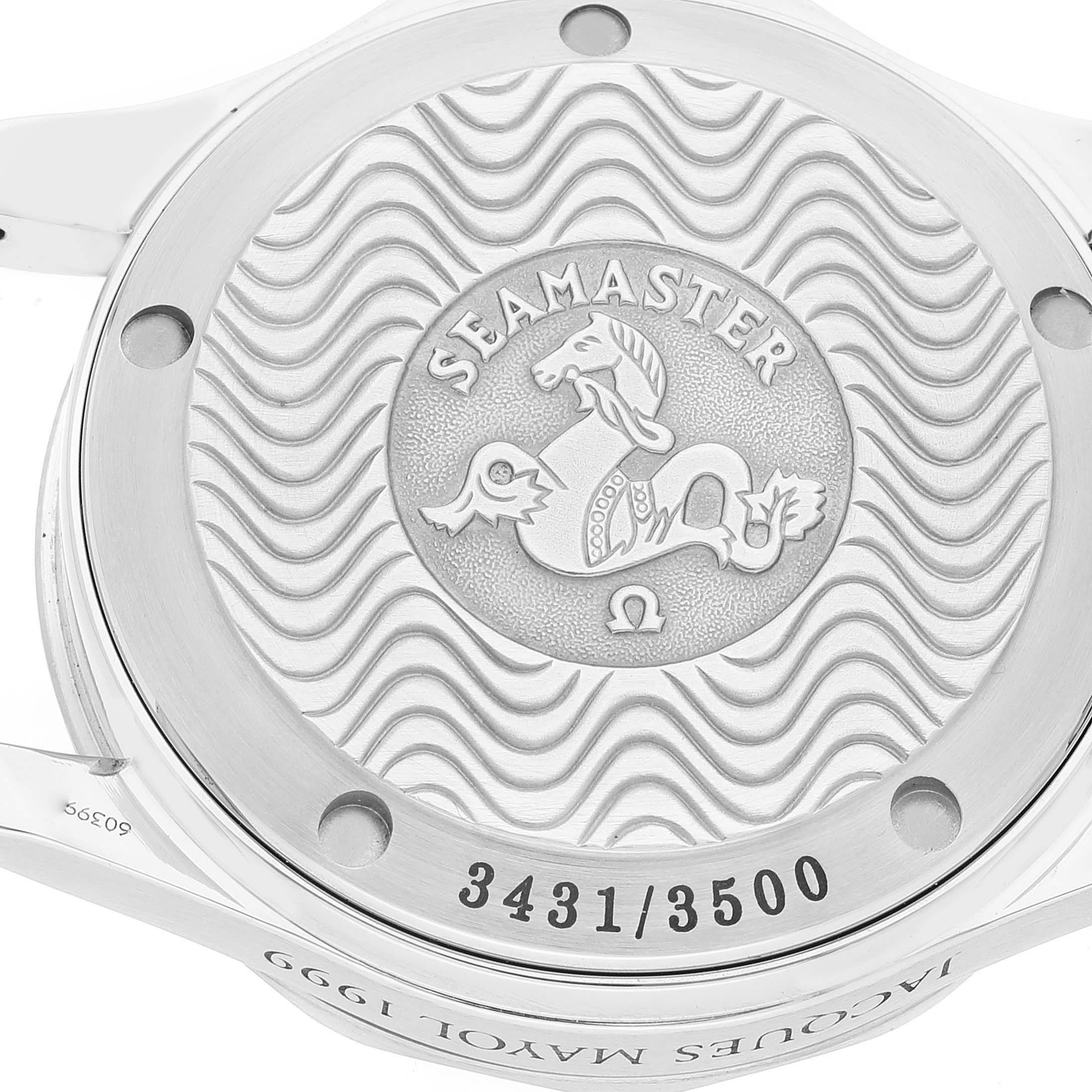 The image shows the back case of an Omega Seamaster 2554.80.00 Men's Stainless Steel Blue Dial 2554.80.00 Men's Stainless Steel Blue Dial watch, highlighting its engraved design and limited edition number.