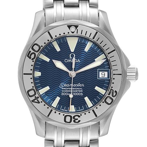 The image shows a frontal view of an Omega Seamaster watch, featuring its blue dial, bezel, bracelet, crown, and date window.