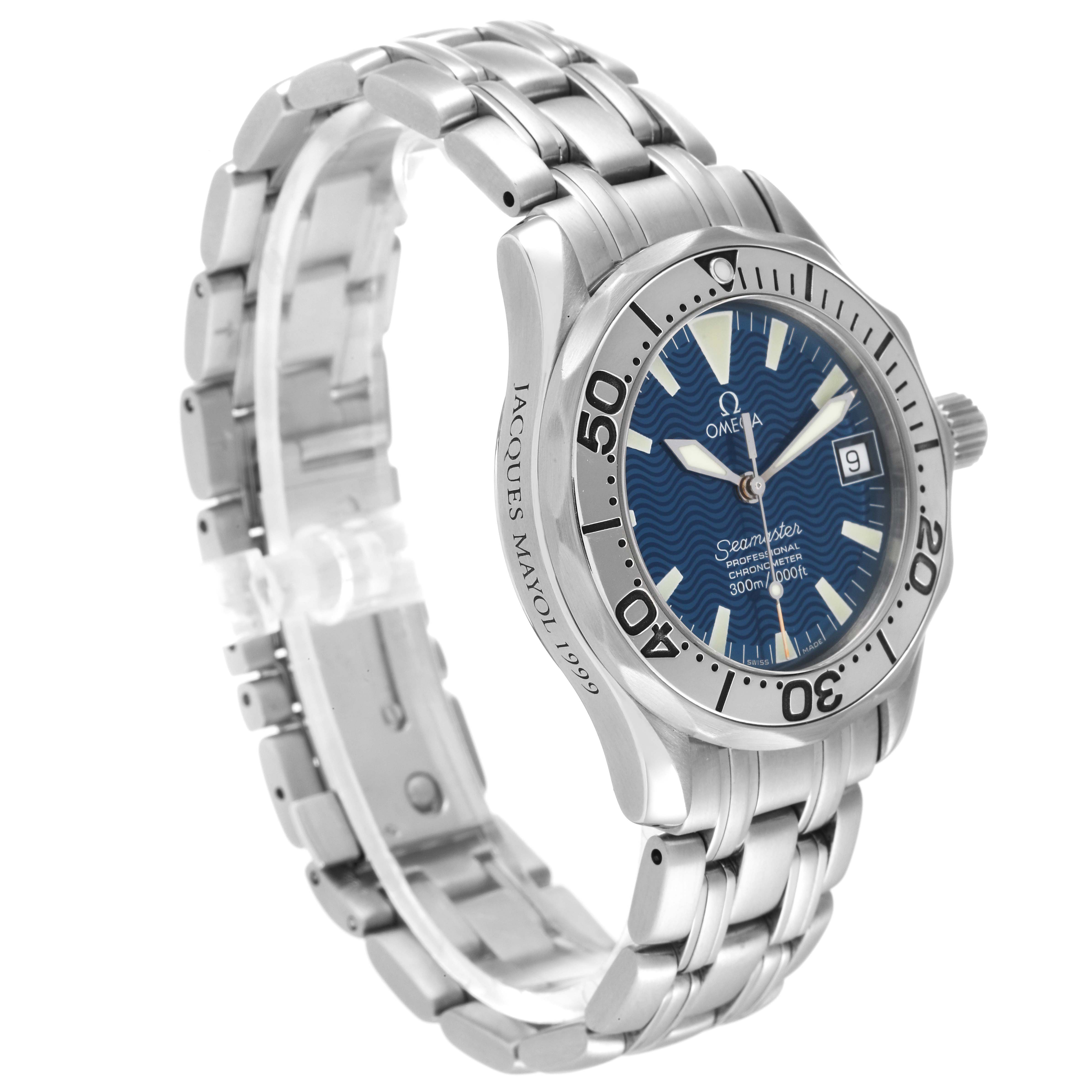 The image shows a side angle of the Omega Seamaster 2554.80.00 Men's Stainless Steel Blue Dial 2554.80.00 Men's Stainless Steel Blue Dial watch, highlighting its bezel, dial, crown, and stainless steel bracelet.
