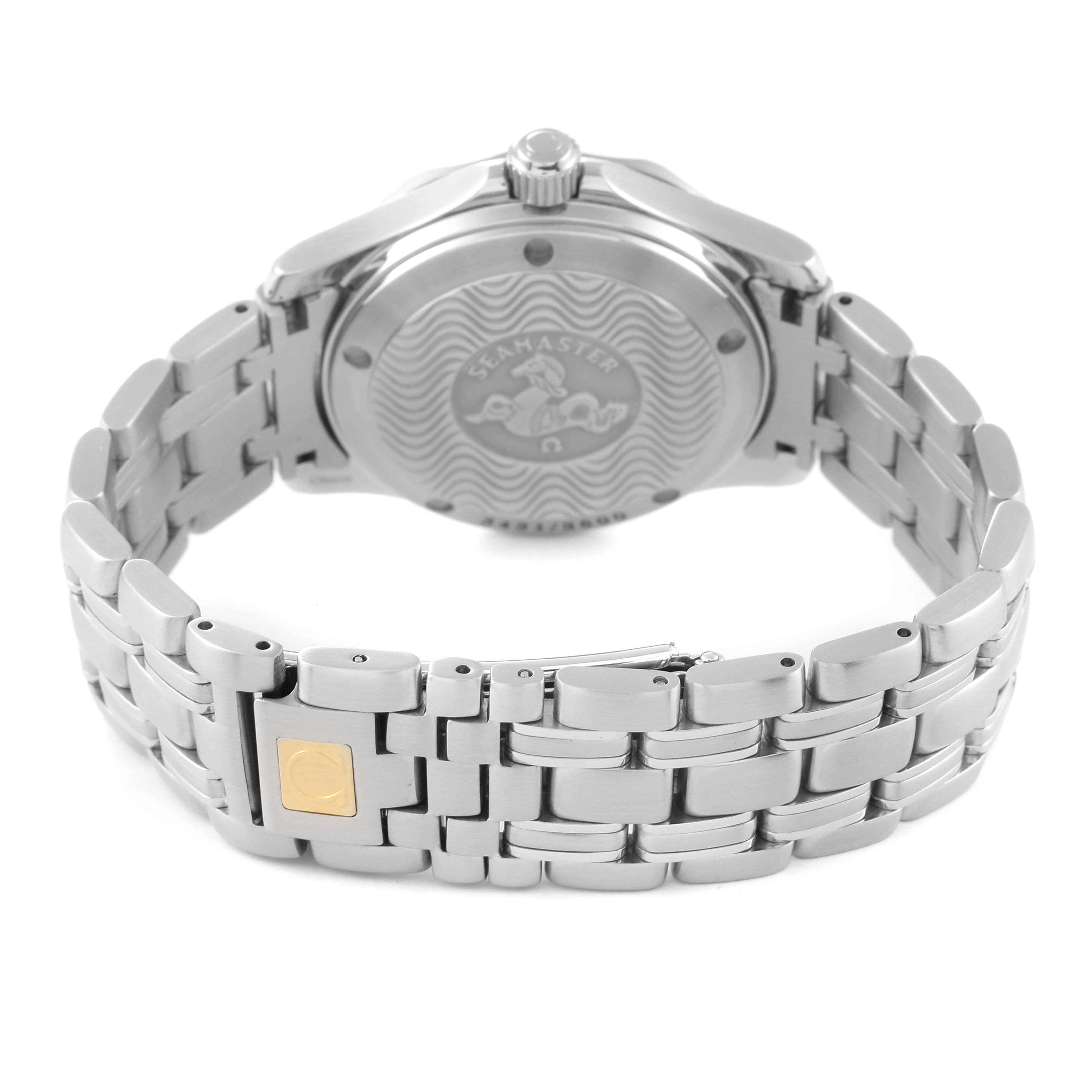 The image shows the back view of an Omega Seamaster 2554.80.00 Men's Stainless Steel Blue Dial 2554.80.00 Men's Stainless Steel Blue Dial watch, highlighting its case back and stainless steel bracelet.