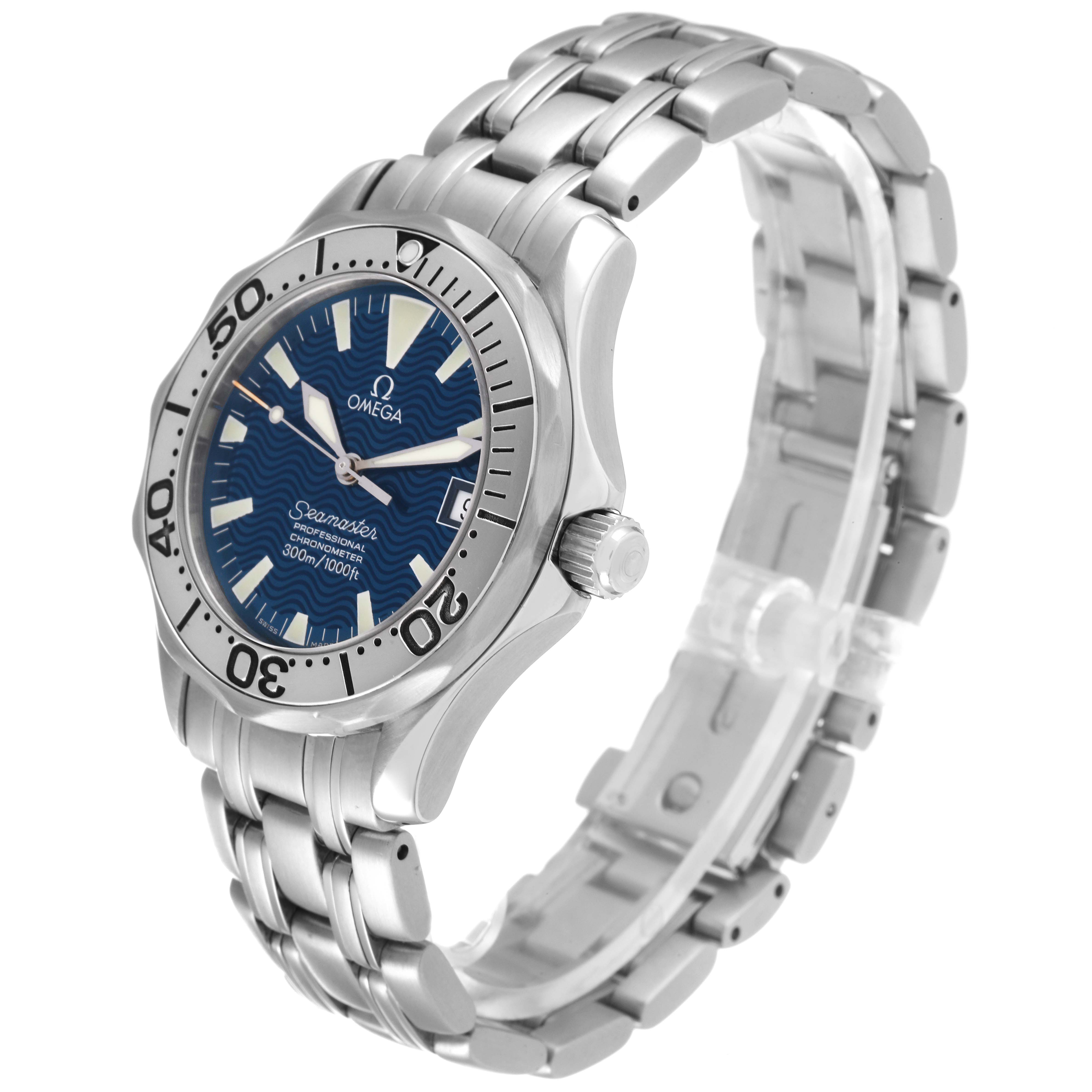 The Omega Seamaster 2554.80.00 Men's Stainless Steel Blue Dial 2554.80.00 Men's Stainless Steel Blue Dial watch is displayed from a three-quarter angle showing the dial, bezel, crown, and stainless steel bracelet.