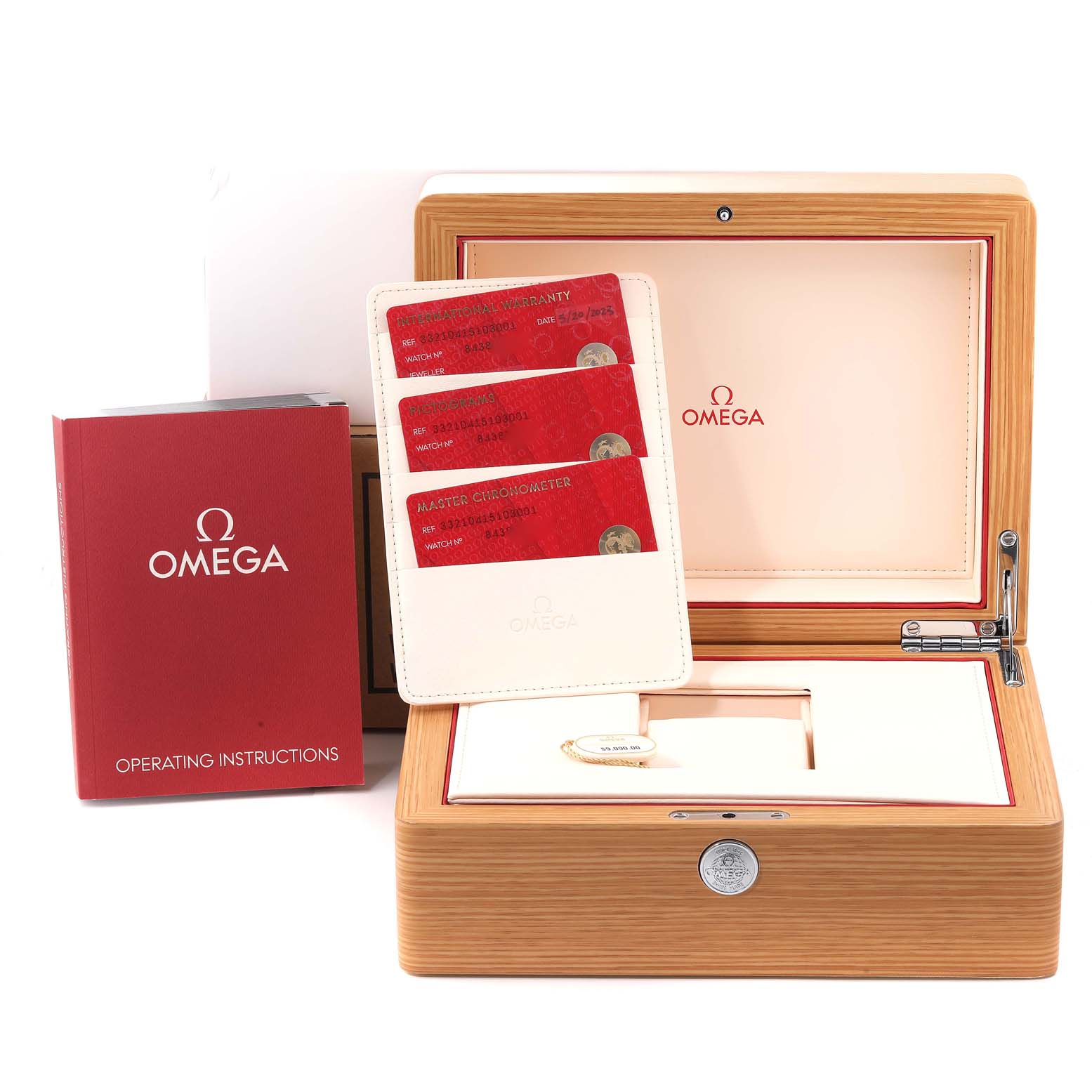 The image shows the Omega Speedmaster 332.10.41.51.03.001 Men's Stainless Steel Blue Dial 332.10.41.51.03.001 Men's Stainless Steel Blue Dial's wooden box, warranty cards, and operating instructions from a frontal angle.