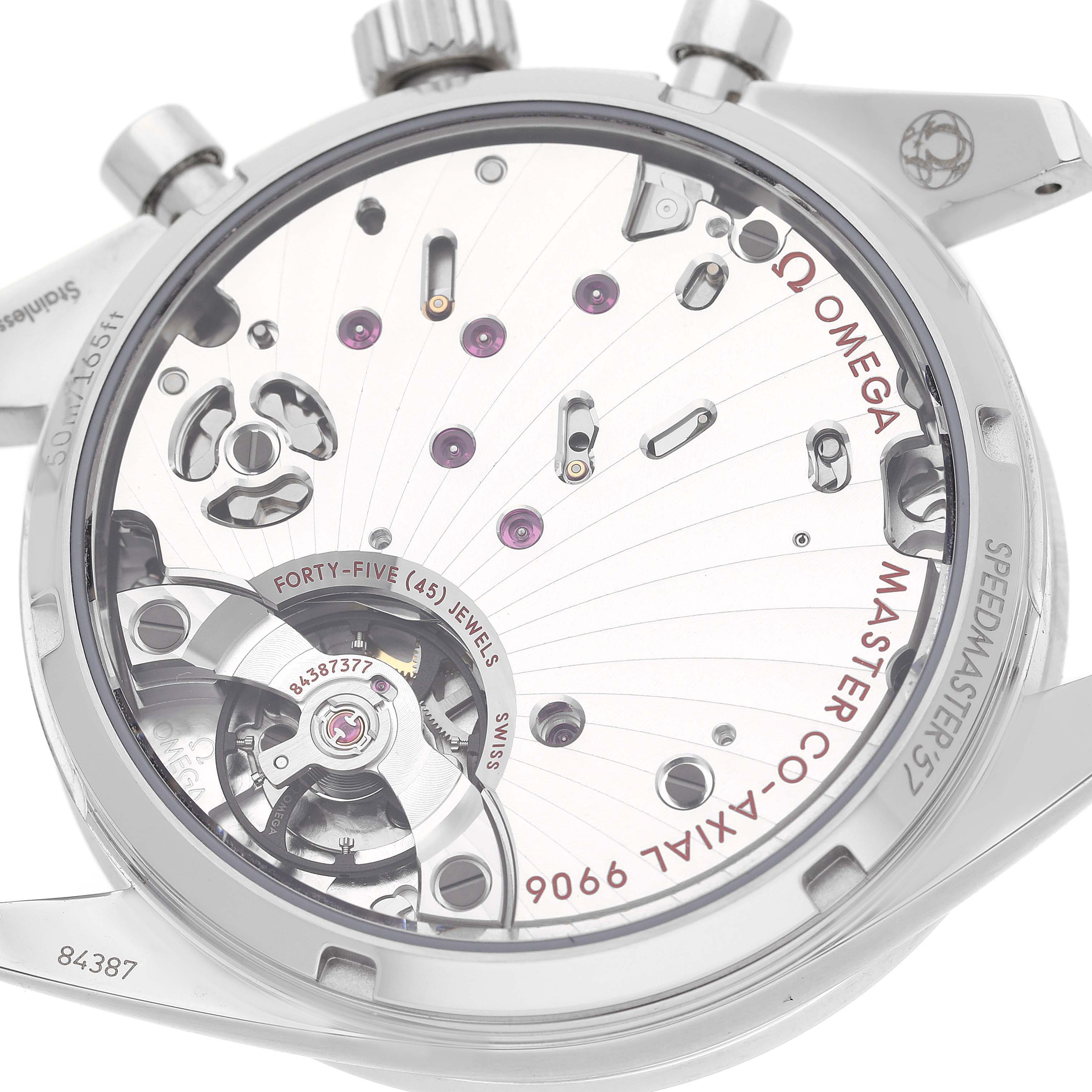 This image shows the intricate back view of the Omega Speedmaster 332.10.41.51.03.001 Men's Stainless Steel Blue Dial 332.10.41.51.03.001 Men's Stainless Steel Blue Dial watch, highlighting its movement and internal mechanics.