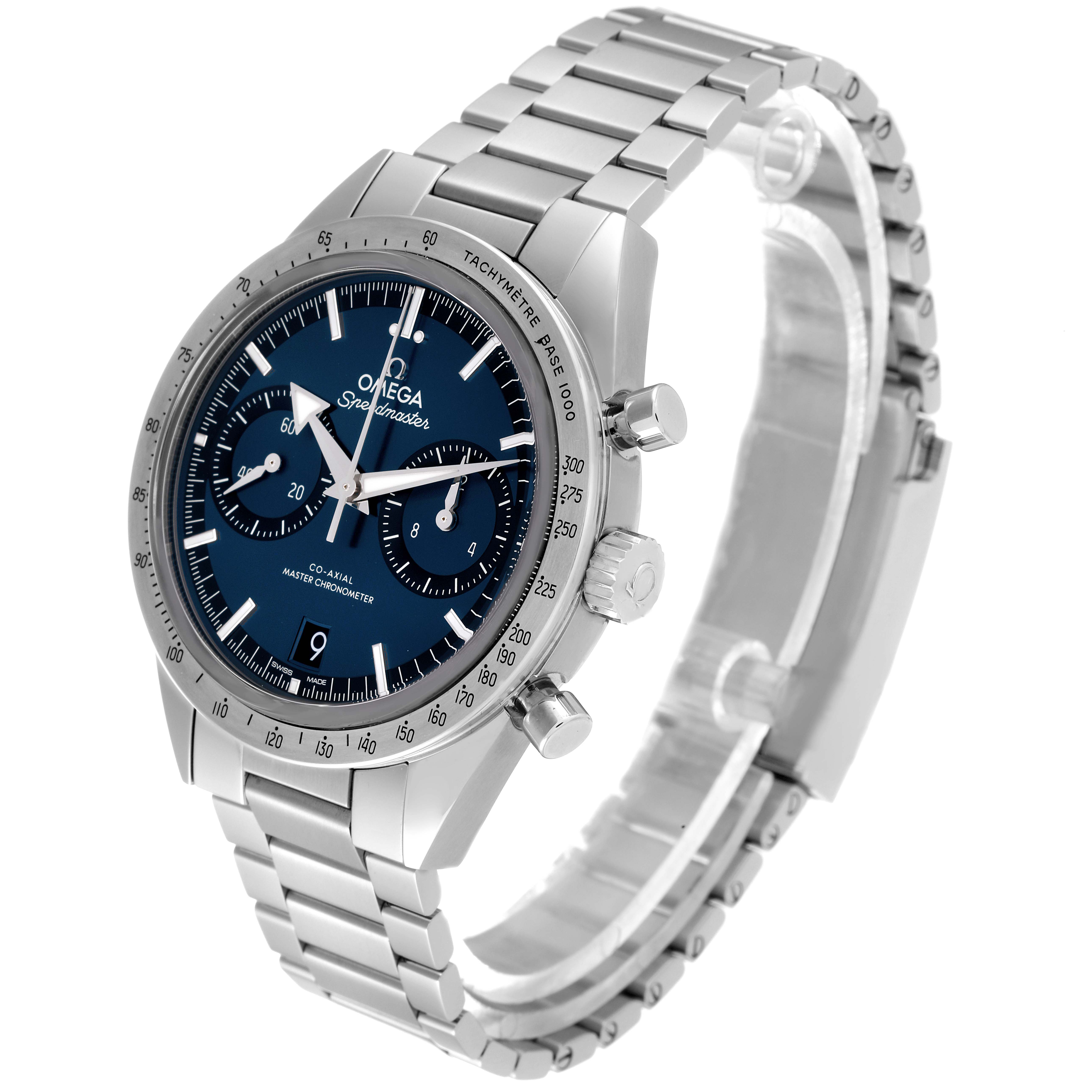 The Omega Speedmaster 332.10.41.51.03.001 Men's Stainless Steel Blue Dial 332.10.41.51.03.001 Men's Stainless Steel Blue Dial watch is shown at a three-quarter angle, displaying the face, bezel, crown, pushers, and bracelet.