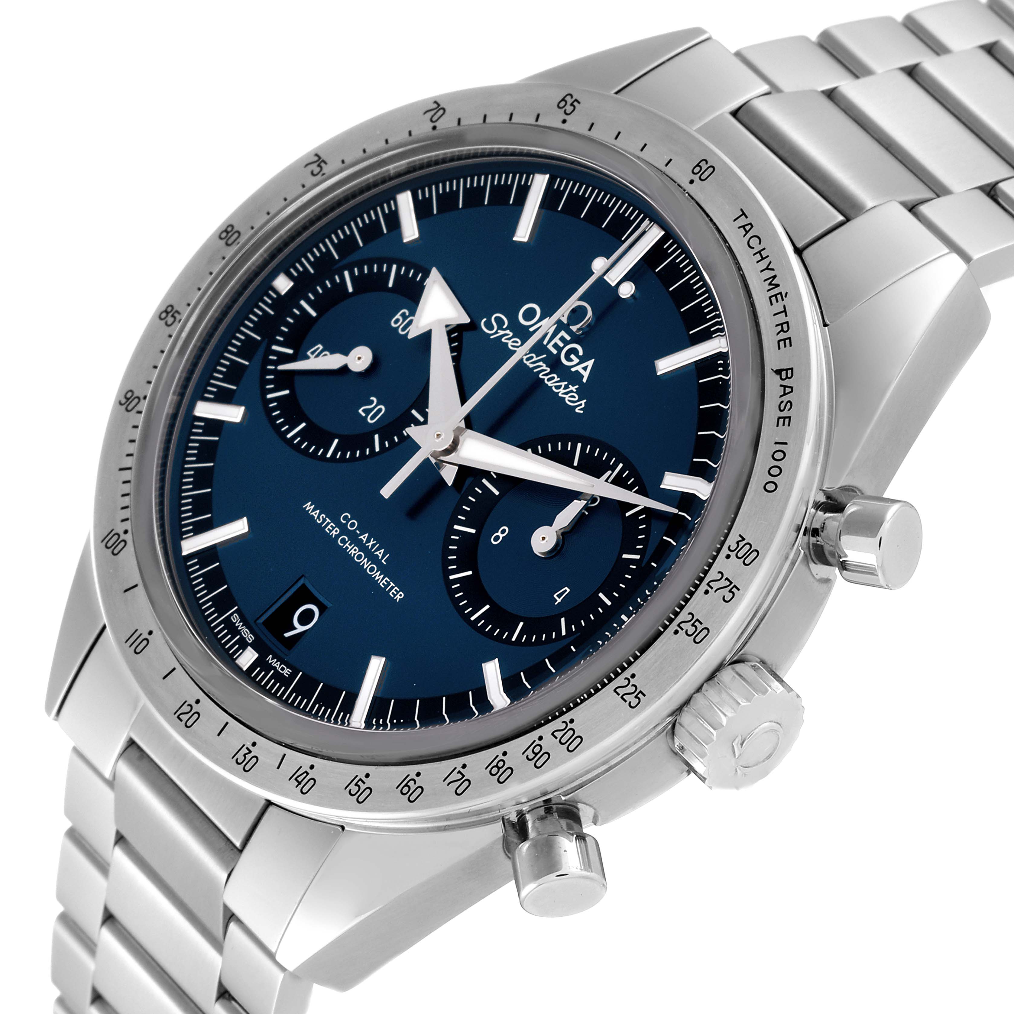 This image shows an Omega Speedmaster 332.10.41.51.03.001 Men's Stainless Steel Blue Dial 332.10.41.51.03.001 Men's Stainless Steel Blue Dial watch at a three-quarter angle, highlighting its face, dials, tachymeter bezel, and metal bracelet.
