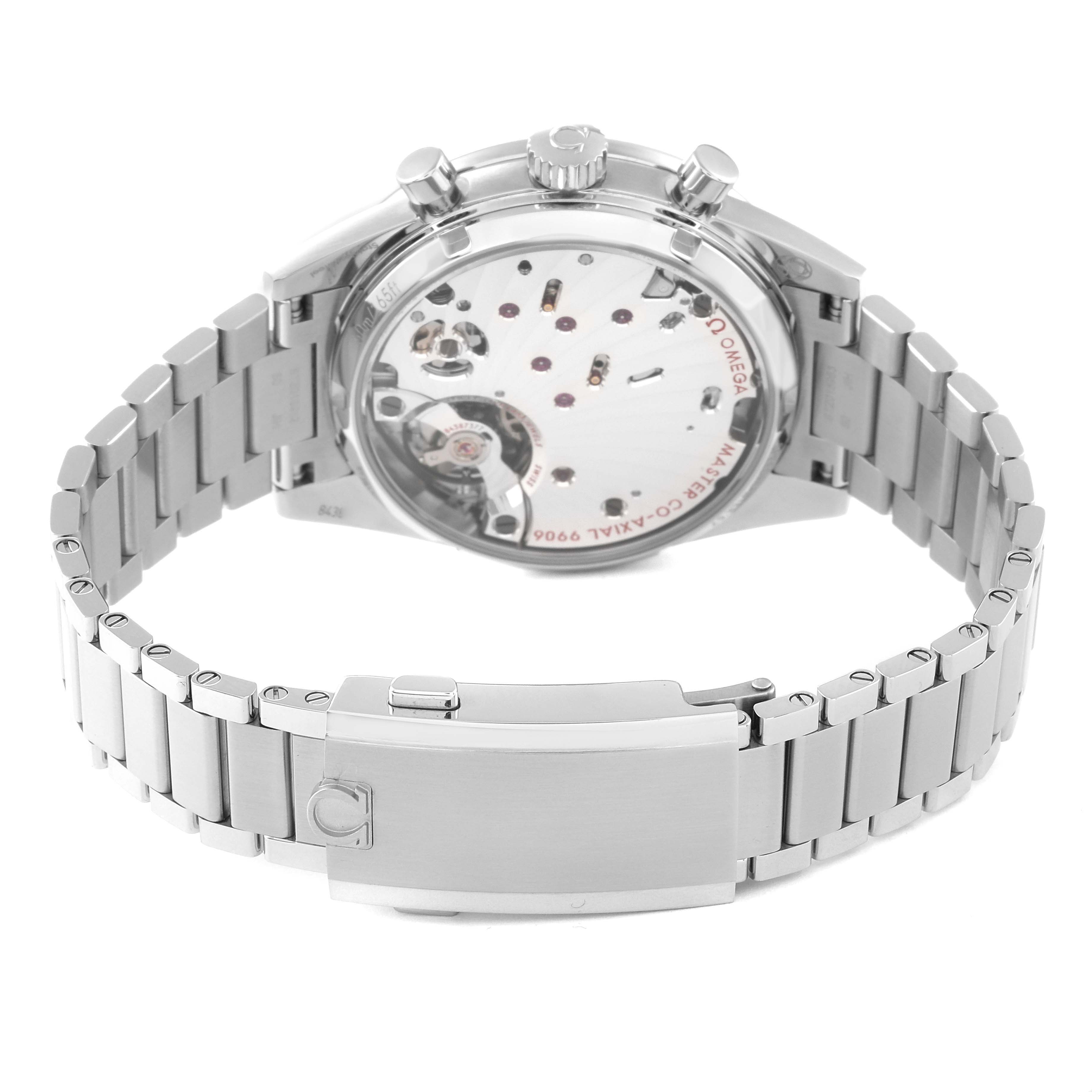 The image shows the back view of an Omega Speedmaster 332.10.41.51.03.001 Men's Stainless Steel Blue Dial 332.10.41.51.03.001 Men's Stainless Steel Blue Dial watch, highlighting its open case back and metal bracelet.