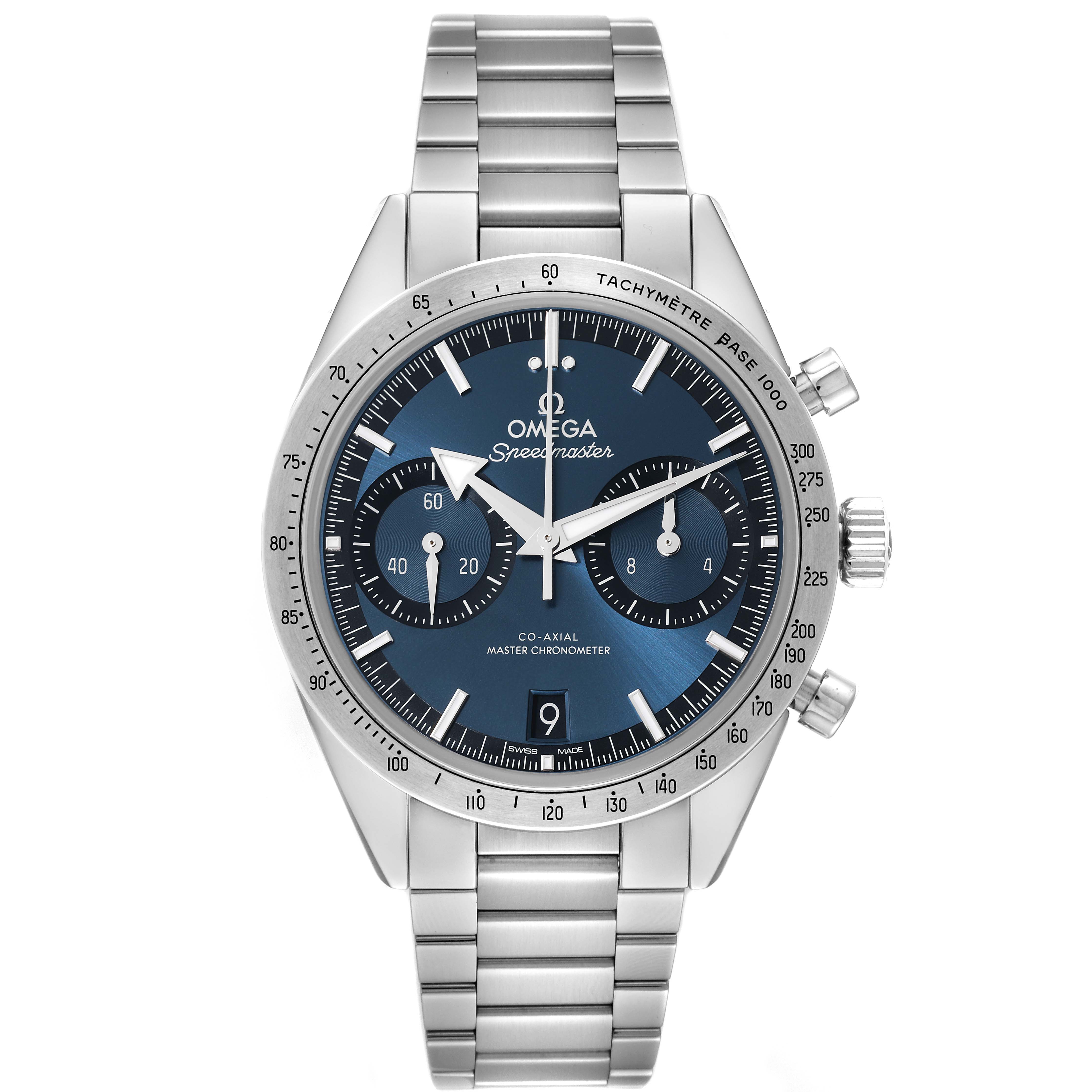 This is a front-facing image of an Omega Speedmaster 332.10.41.51.03.001 Men's Stainless Steel Blue Dial 332.10.41.51.03.001 Men's Stainless Steel Blue Dial watch showing the dial, hands, sub-dials, bracelet, and tachymeter bezel.
