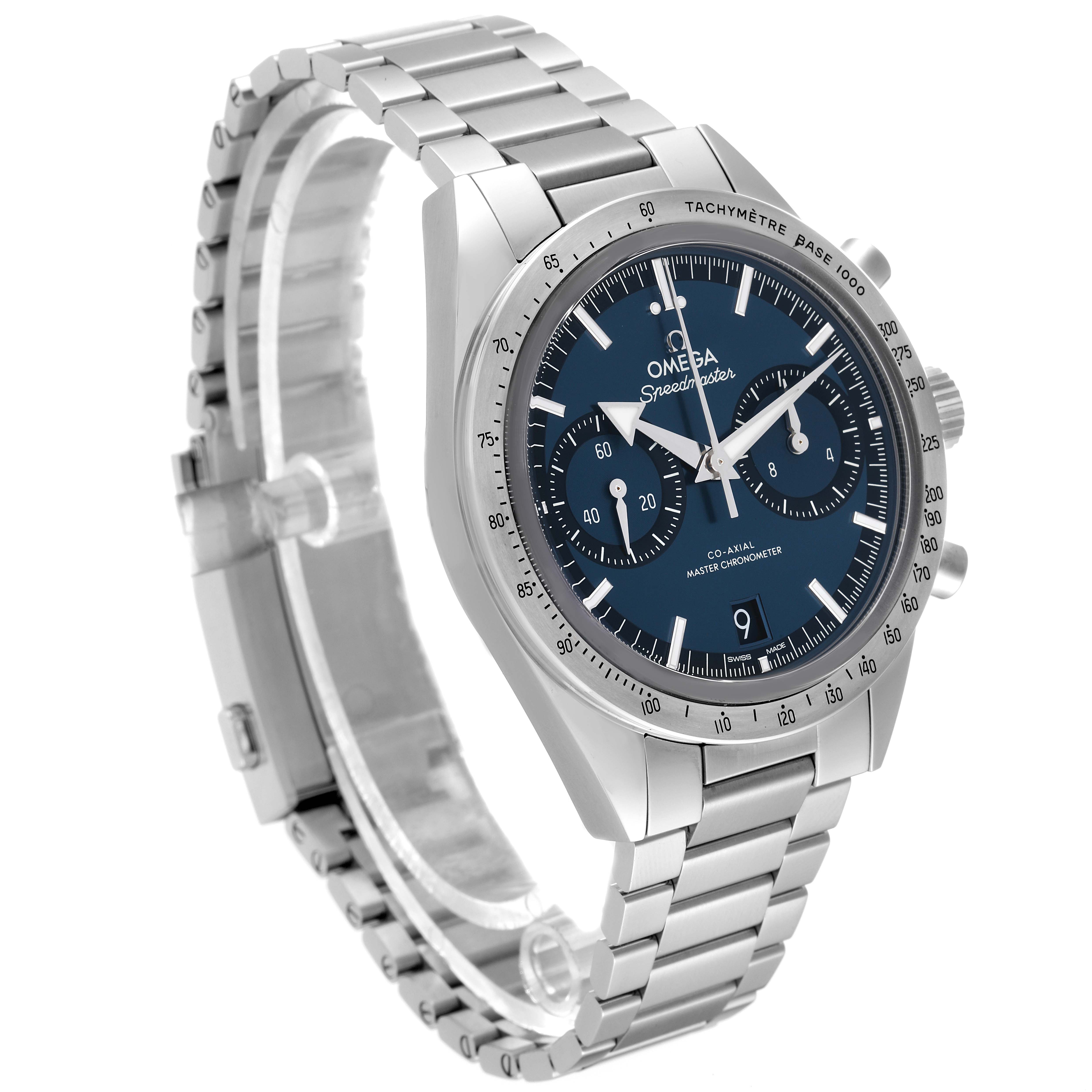 This Omega Speedmaster 332.10.41.51.03.001 Men's Stainless Steel Blue Dial 332.10.41.51.03.001 Men's Stainless Steel Blue Dial watch is shown at an angled view, highlighting the face, bezel, crown, pushers, and metal bracelet.