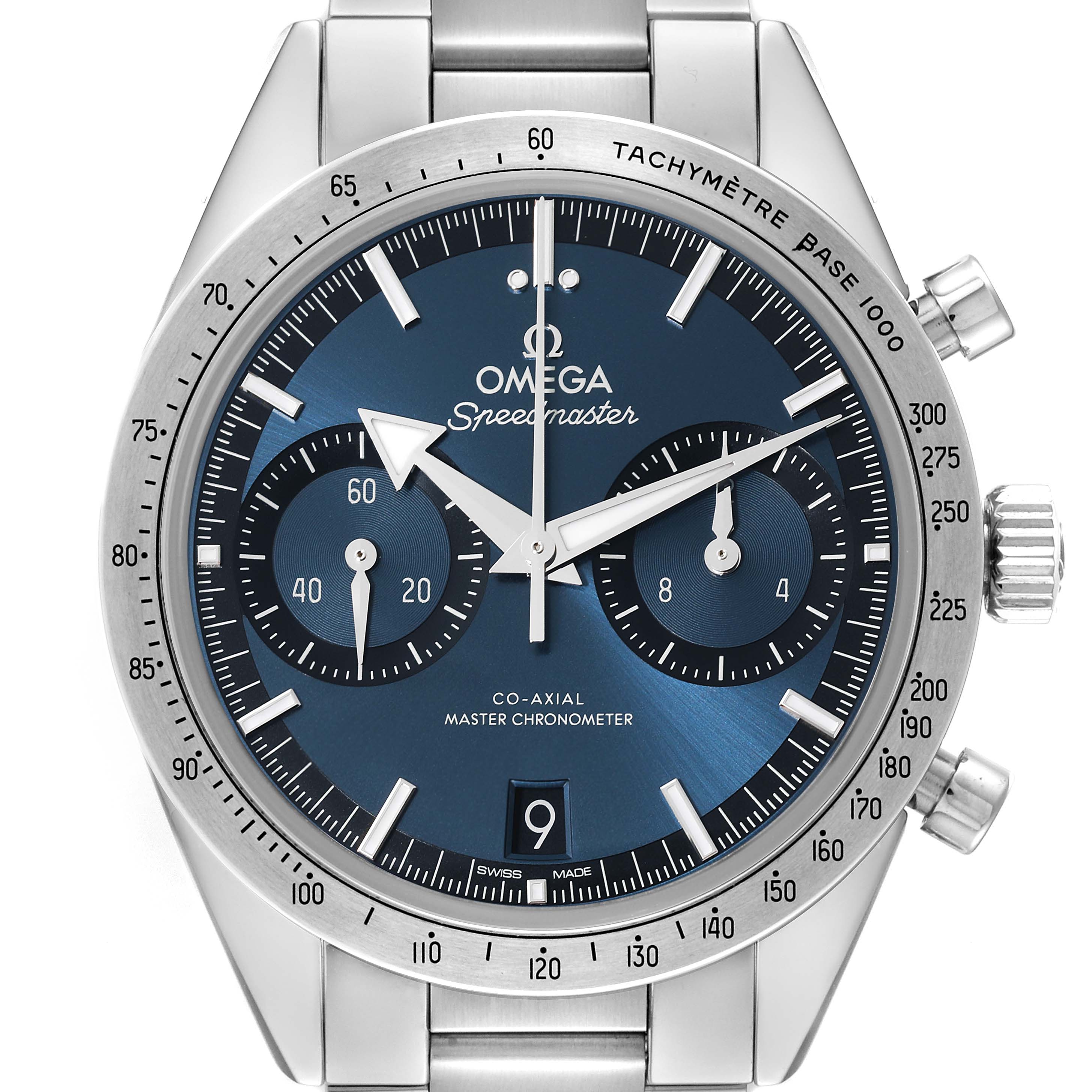 The image shows a front view of the Omega Speedmaster 332.10.41.51.03.001 Men's Stainless Steel Blue Dial 332.10.41.51.03.001 Men's Stainless Steel Blue Dial watch, featuring the dial, subdials, tachymeter, and crown.