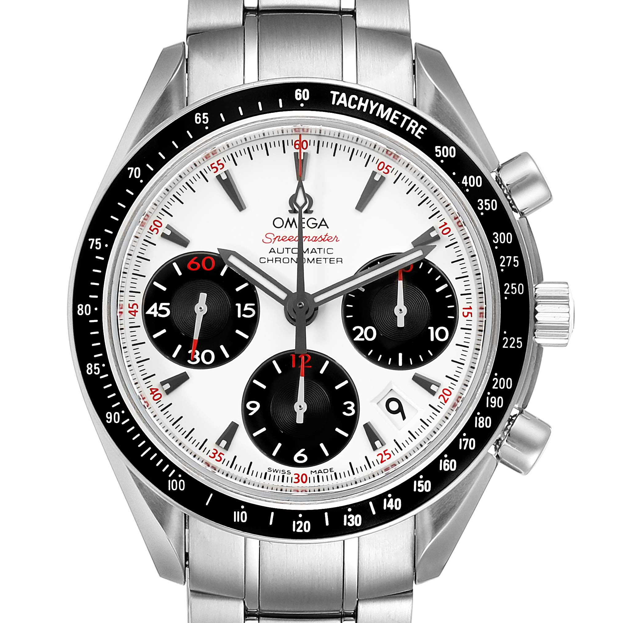 The image shows a frontal view of an Omega Speedmaster 323.30.40.40.04.001 Men's Stainless Steel White Dial 323.30.40.40.04.001 Men's Stainless Steel White Dial watch, highlighting its dial, tachymeter bezel, and metal bracelet.