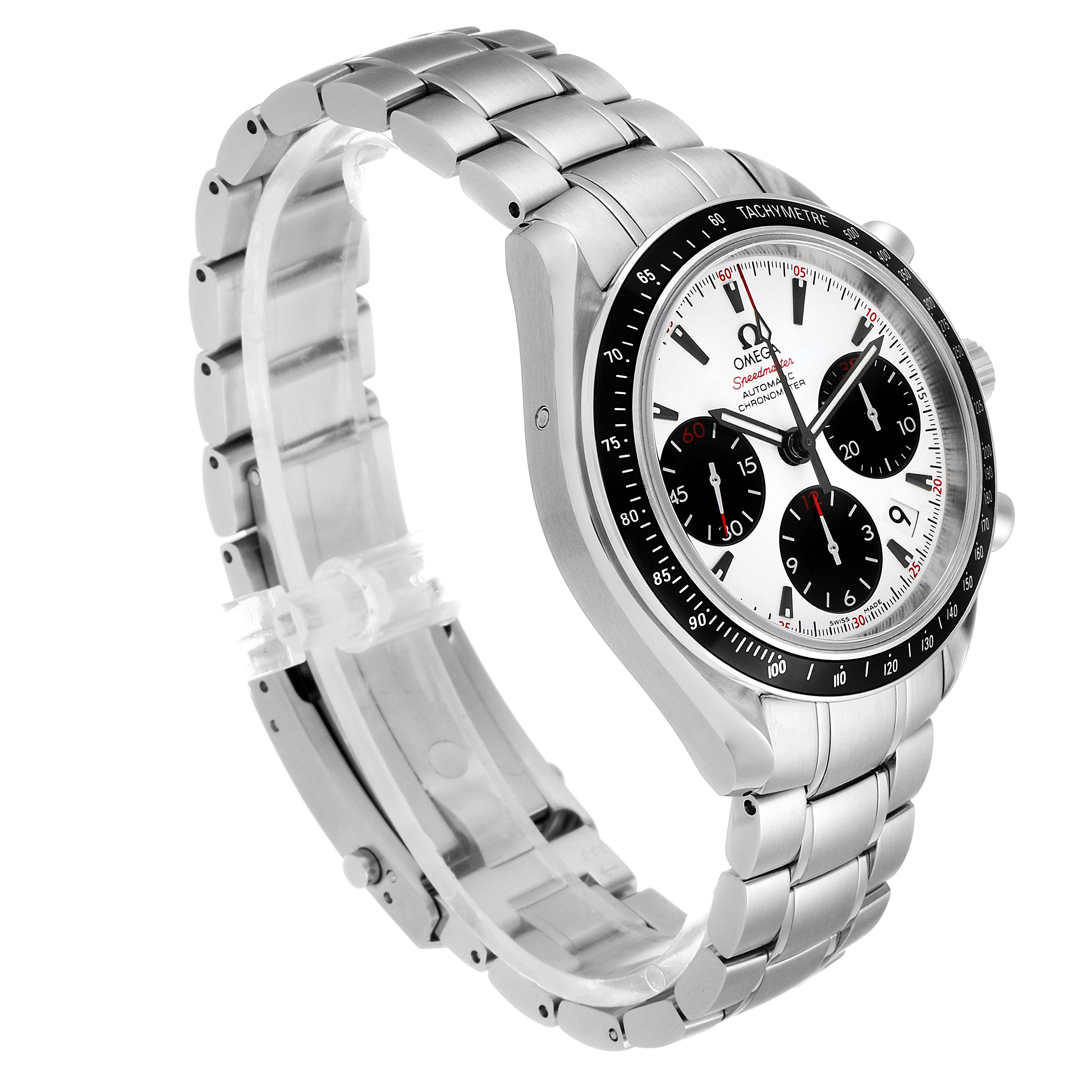 The Omega Speedmaster 323.30.40.40.04.001 Men's Stainless Steel White Dial 323.30.40.40.04.001 Men's Stainless Steel White Dial watch is shown at a three-quarter angle highlighting the face, tachymeter bezel, and stainless steel bracelet.