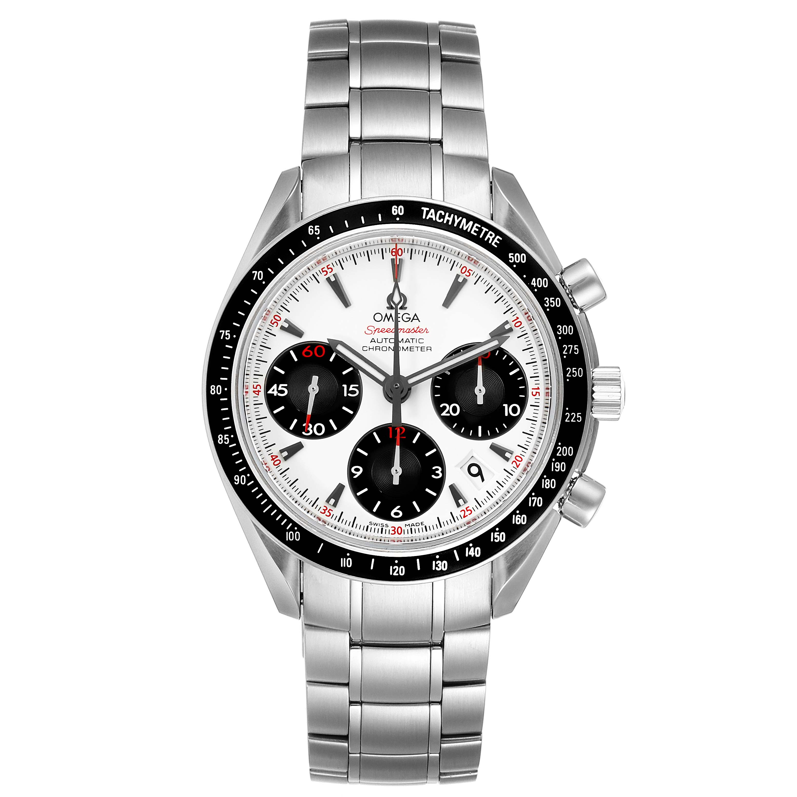 The Omega Speedmaster 323.30.40.40.04.001 Men's Stainless Steel White Dial 323.30.40.40.04.001 Men's Stainless Steel White Dial watch is shown from a front angle, displaying its stainless steel strap, white face, and chronograph subdials.