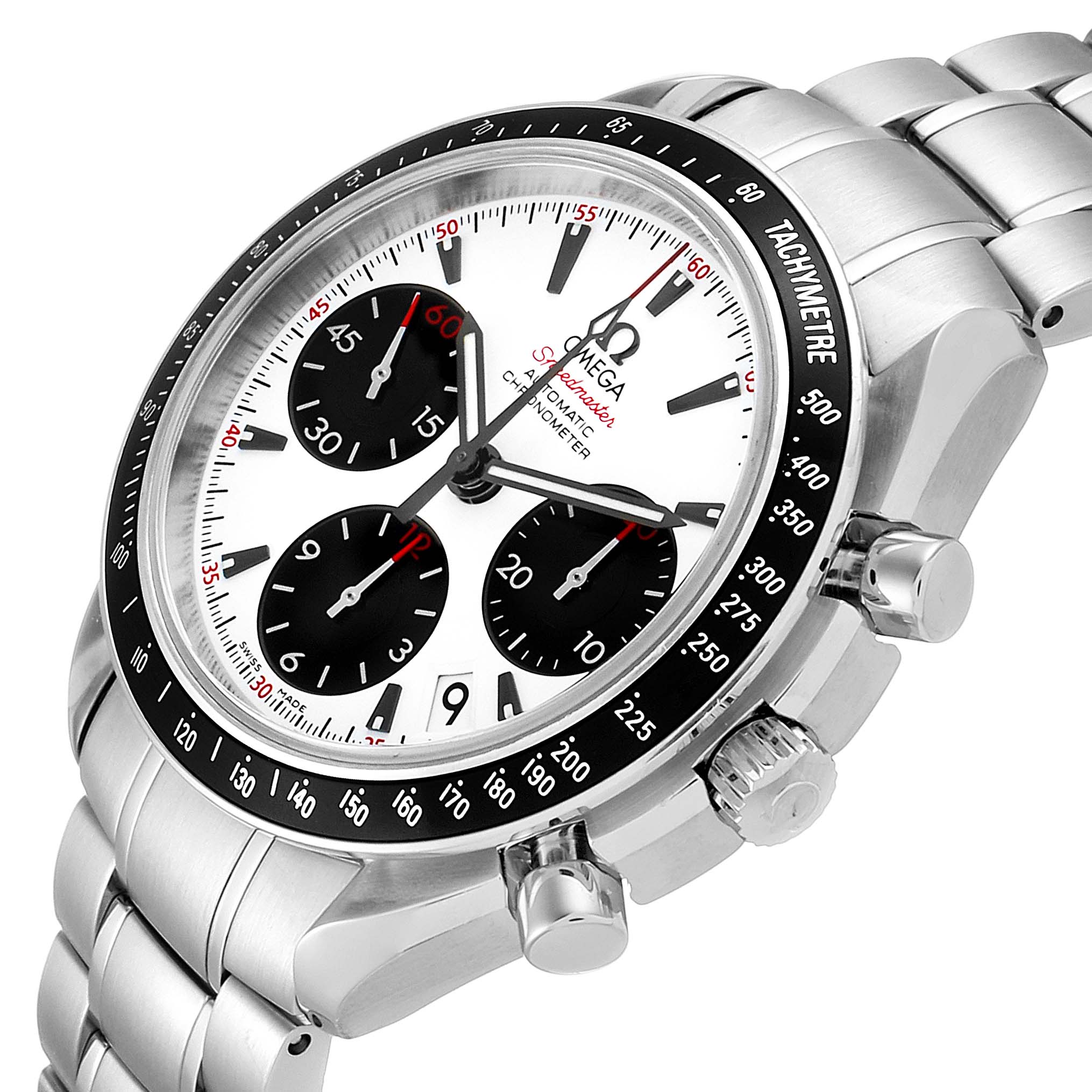The Omega Speedmaster 323.30.40.40.04.001 Men's Stainless Steel White Dial 323.30.40.40.04.001 Men's Stainless Steel White Dial watch is shown at an angled side view, highlighting its three subdials, bezel, crown, and stainless steel bracelet.