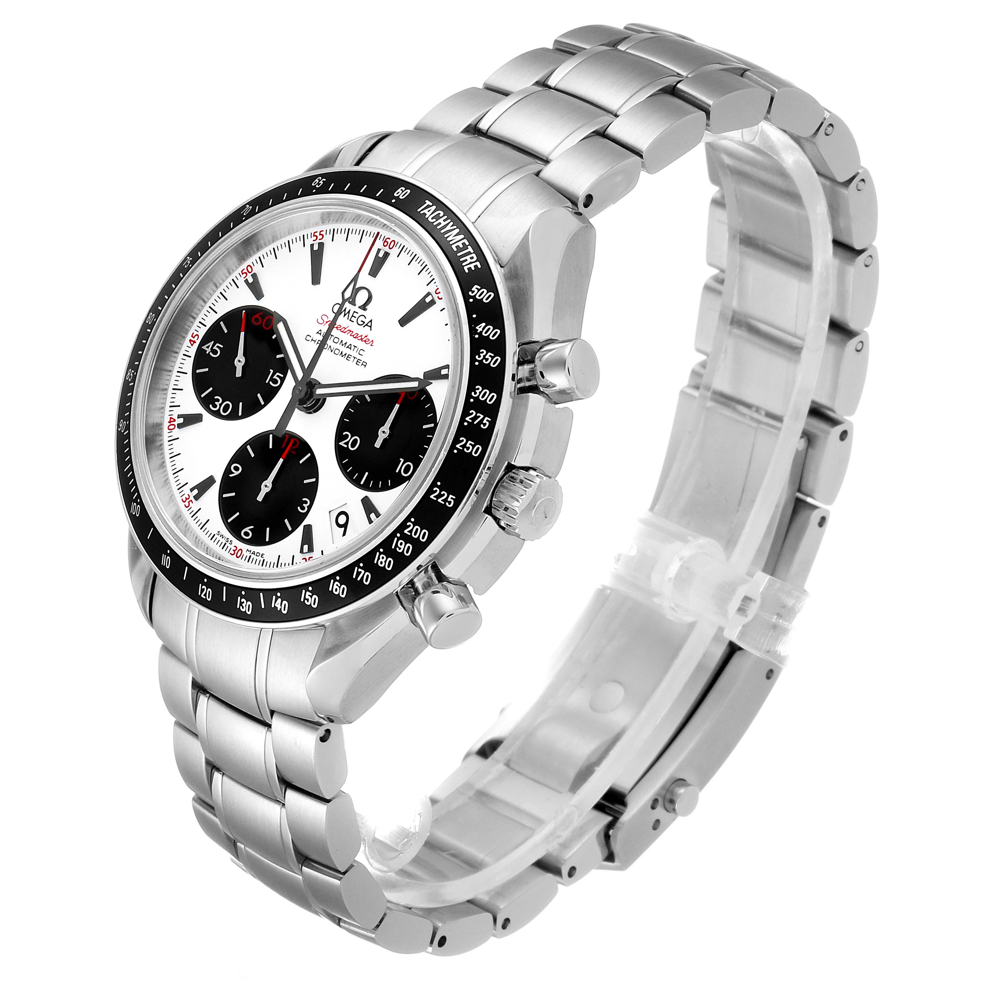 The Omega Speedmaster 323.30.40.40.04.001 Men's Stainless Steel White Dial 323.30.40.40.04.001 Men's Stainless Steel White Dial watch is shown at a slight angle from the side, highlighting the bracelet, pushers, crown, and dial.