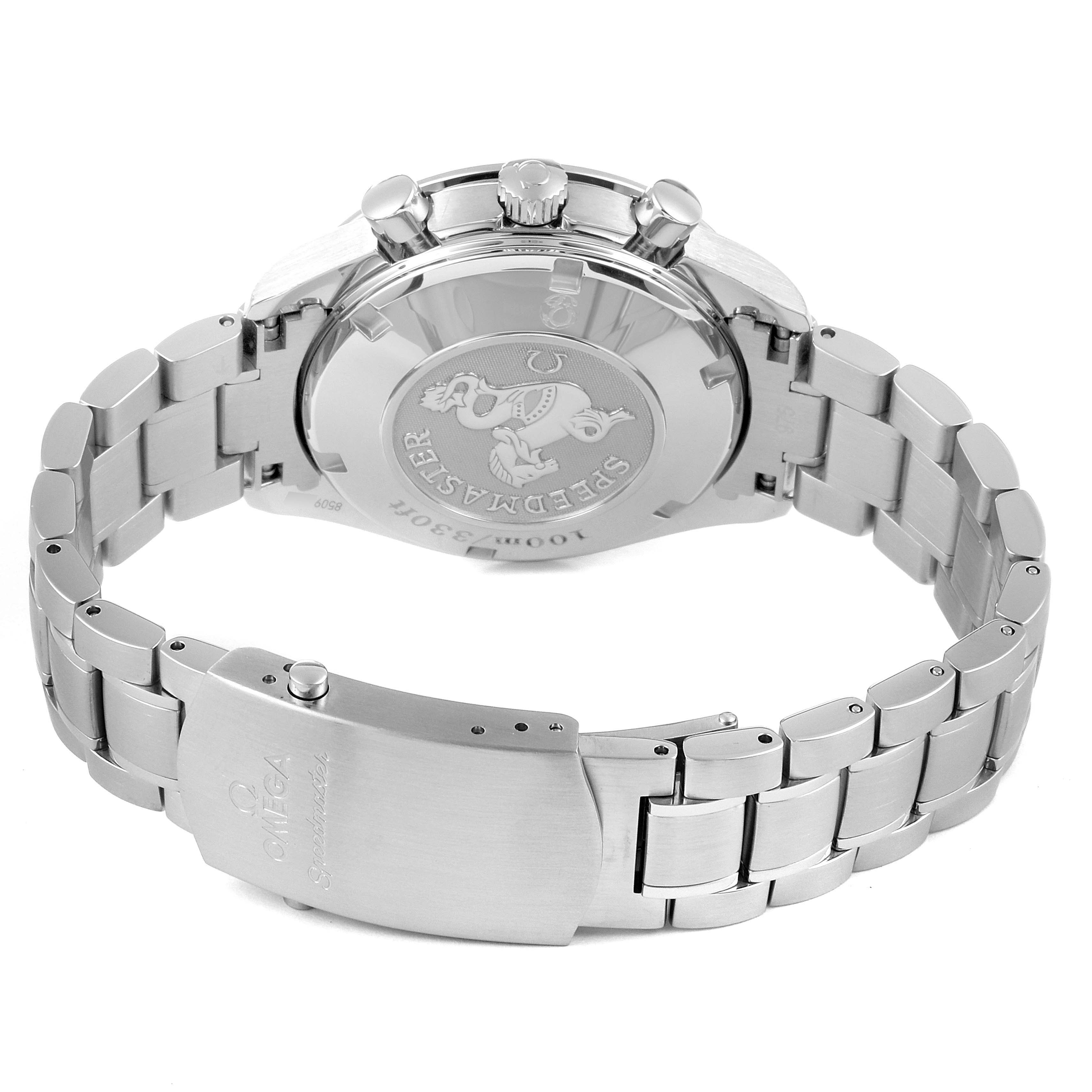The image shows the back and bracelet of the Omega Speedmaster 323.30.40.40.04.001 Men's Stainless Steel White Dial 323.30.40.40.04.001 Men's Stainless Steel White Dial watch, featuring the case back and clasp.