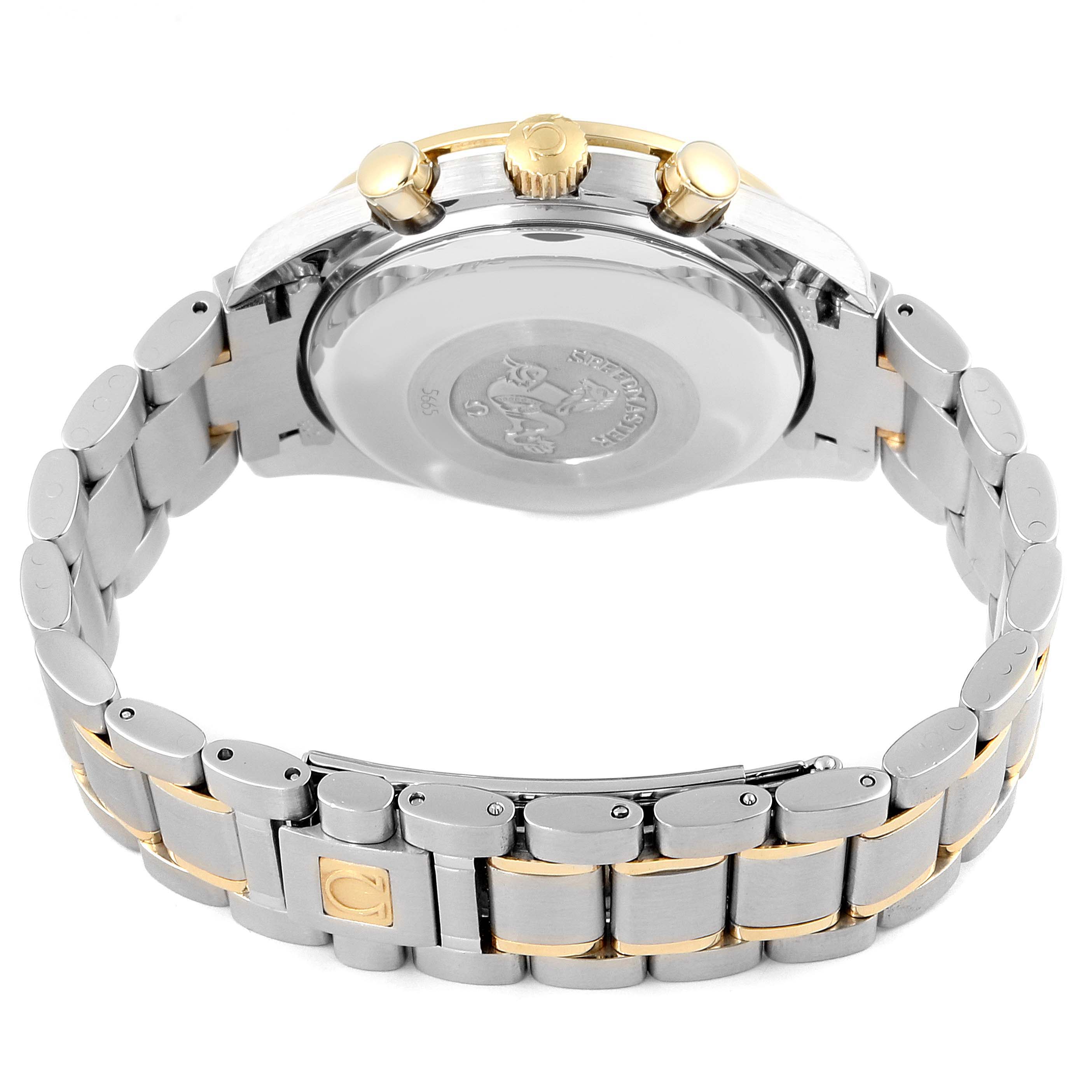 The image shows the back case, crown, and bracelet of an Omega Speedmaster 3313.50.00 Men's Steel and Gold (two tone) Black Dial 3313.50.00 Men's Steel and Gold (two tone) Black Dial watch at an angled side view.