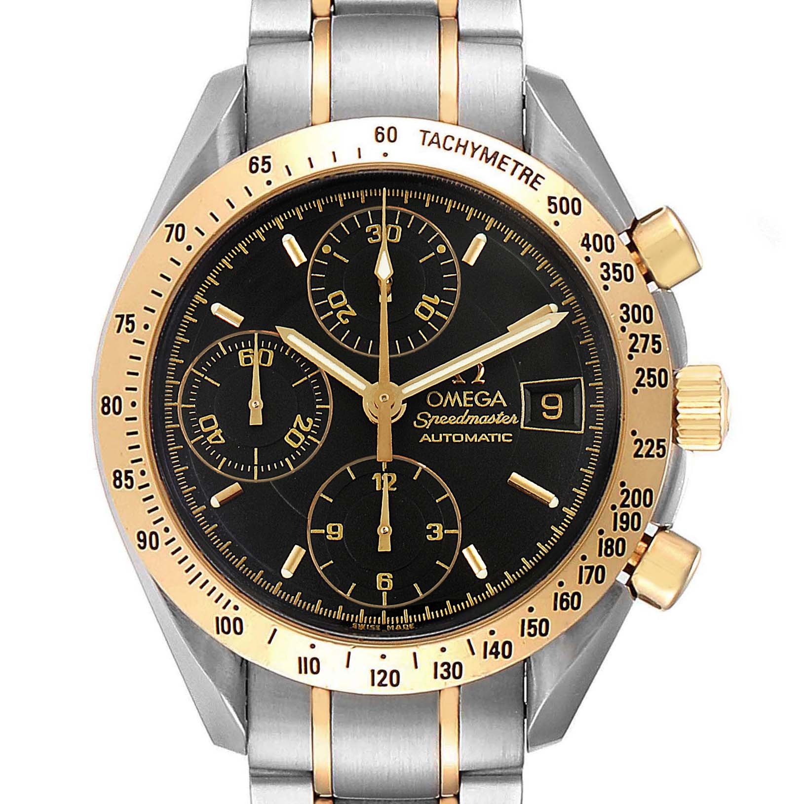 The Omega Speedmaster 3313.50.00 Men's Steel and Gold (two tone) Black Dial 3313.50.00 Men's Steel and Gold (two tone) Black Dial watch is shown from the front, displaying its black dial, gold tachymeter bezel, and chronograph subdials.