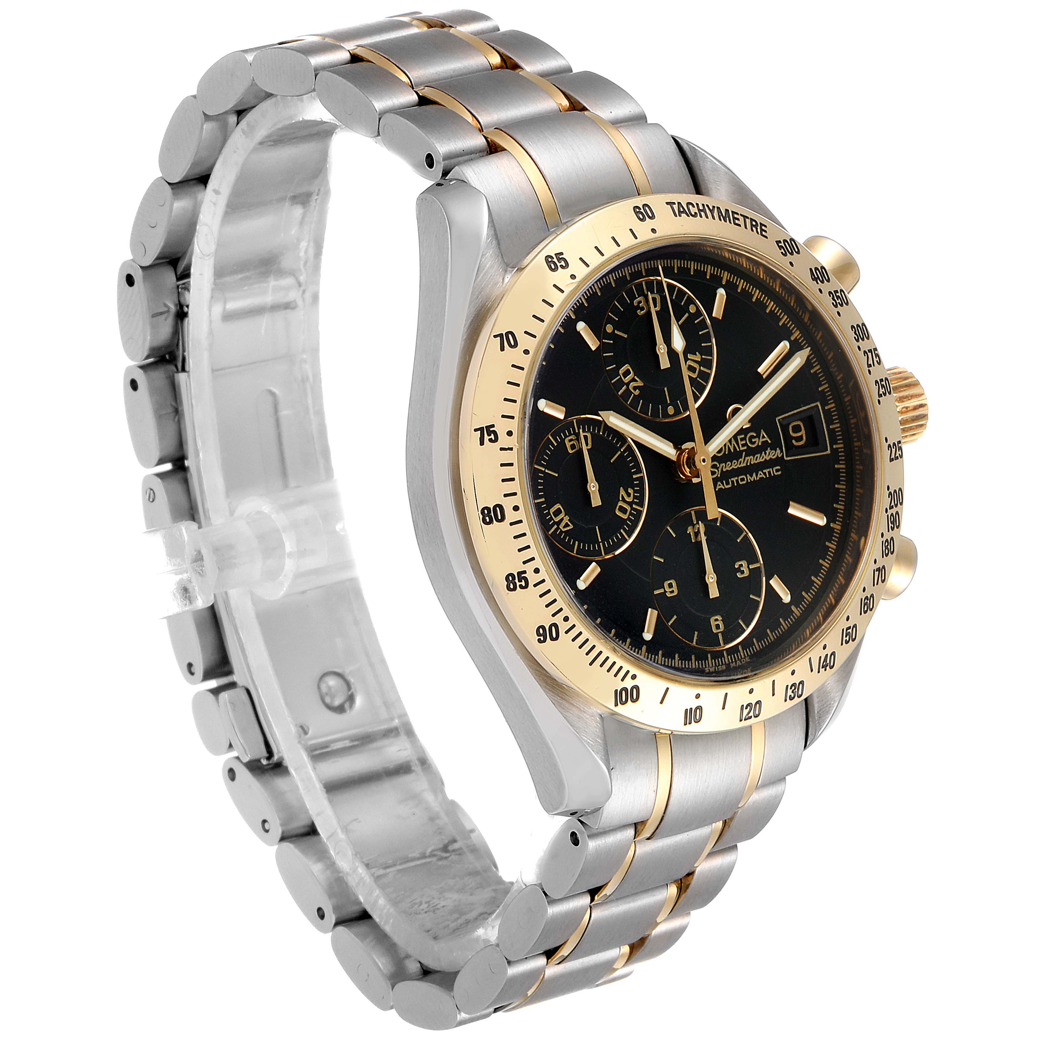 The image shows a side angle of an Omega Speedmaster 3313.50.00 Men's Steel and Gold (two tone) Black Dial 3313.50.00 Men's Steel and Gold (two tone) Black Dial watch, highlighting its black dial, gold bezel, and metal bracelet.
