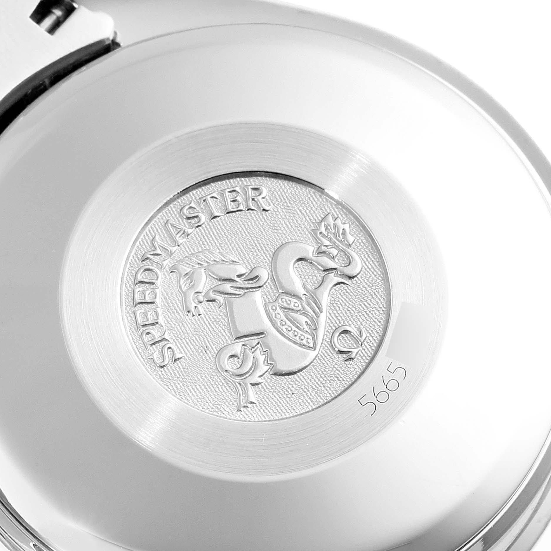 The image shows the case back of an Omega Speedmaster 3313.50.00 Men's Steel and Gold (two tone) Black Dial 3313.50.00 Men's Steel and Gold (two tone) Black Dial watch featuring the model name and an engraved emblem.