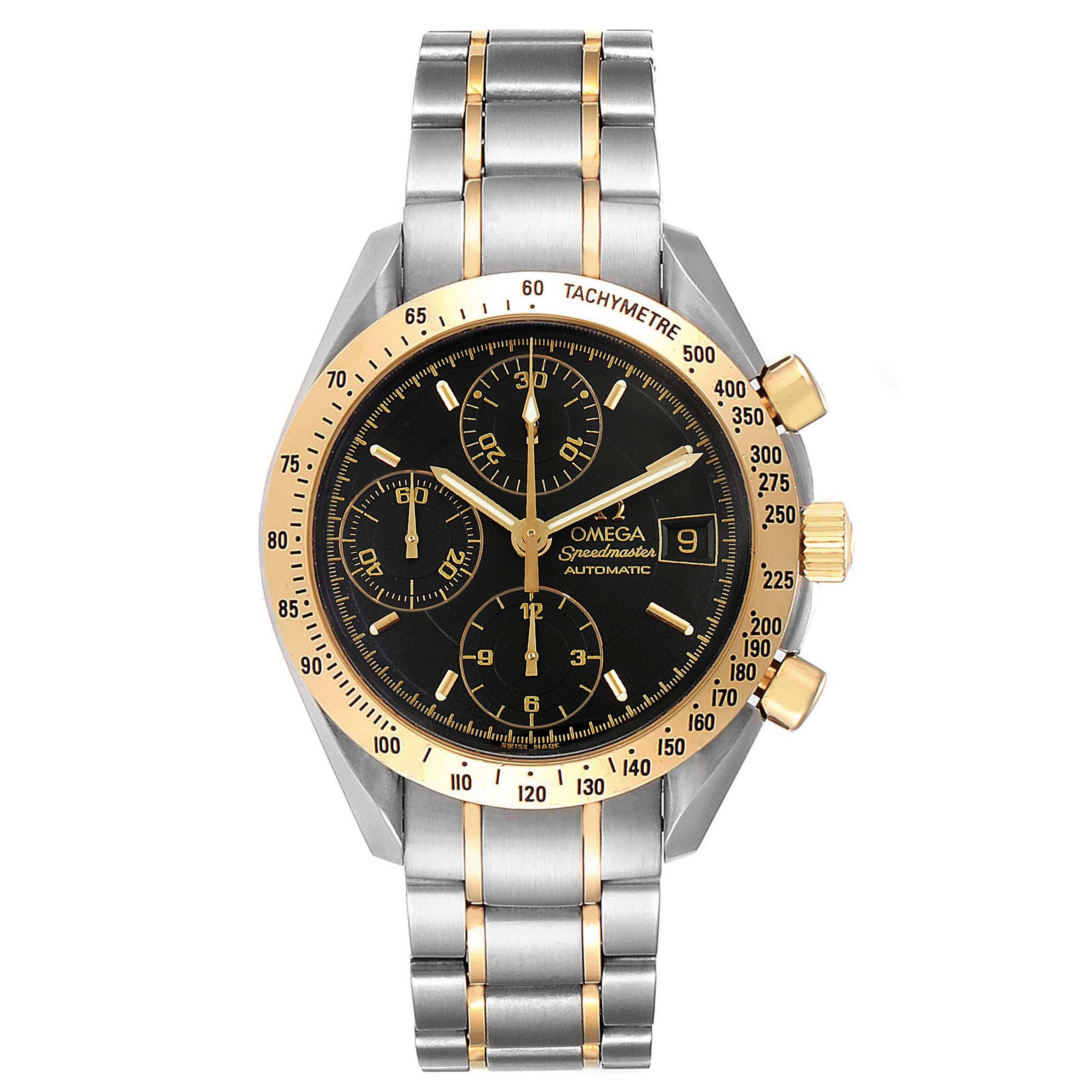 The Omega Speedmaster 3313.50.00 Men's Steel and Gold (two tone) Black Dial 3313.50.00 Men's Steel and Gold (two tone) Black Dial watch is shown from the front, displaying the face, bezel, pushers, and bracelet.