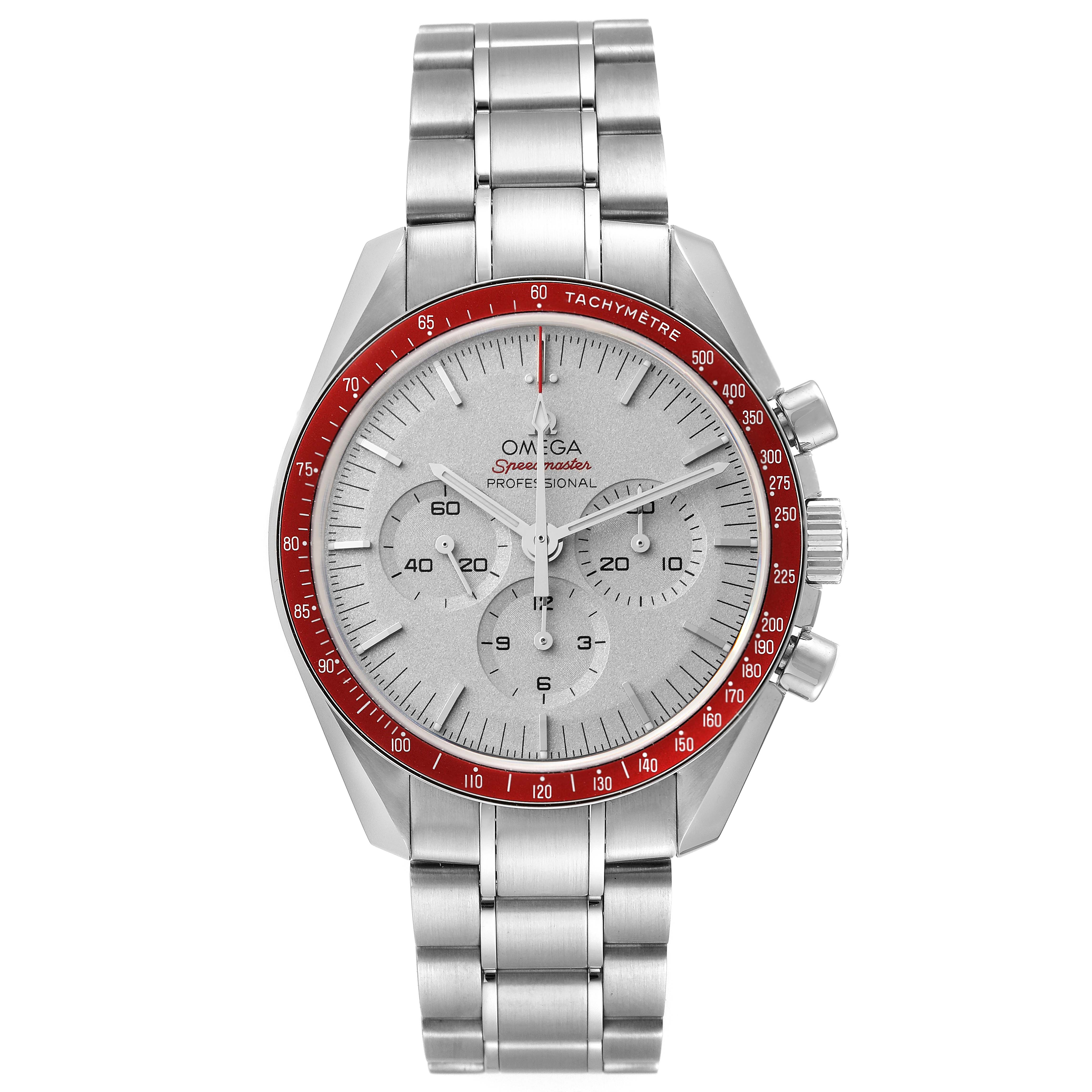 The image shows a frontal view of the Omega Speedmaster 522.30.42.30.06.001 Men's Stainless Steel Silver Dial 522.30.42.30.06.001 Men's Stainless Steel Silver Dial watch, highlighting the face, bezel, and bracelet.