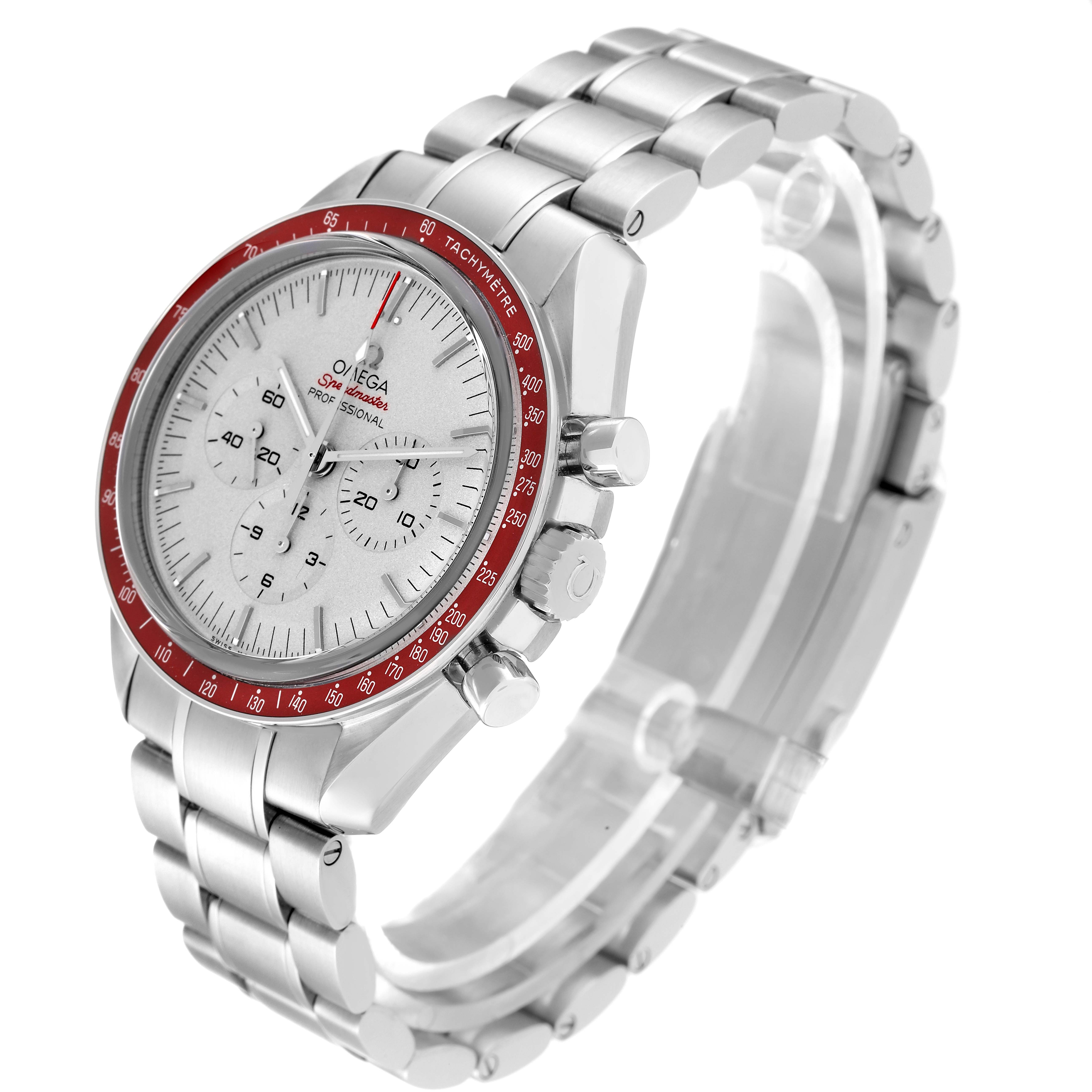 The Omega Speedmaster 522.30.42.30.06.001 Men's Stainless Steel Silver Dial 522.30.42.30.06.001 Men's Stainless Steel Silver Dial watch is shown at an oblique angle, highlighting the bracelet, bezel, and face with its sundials.