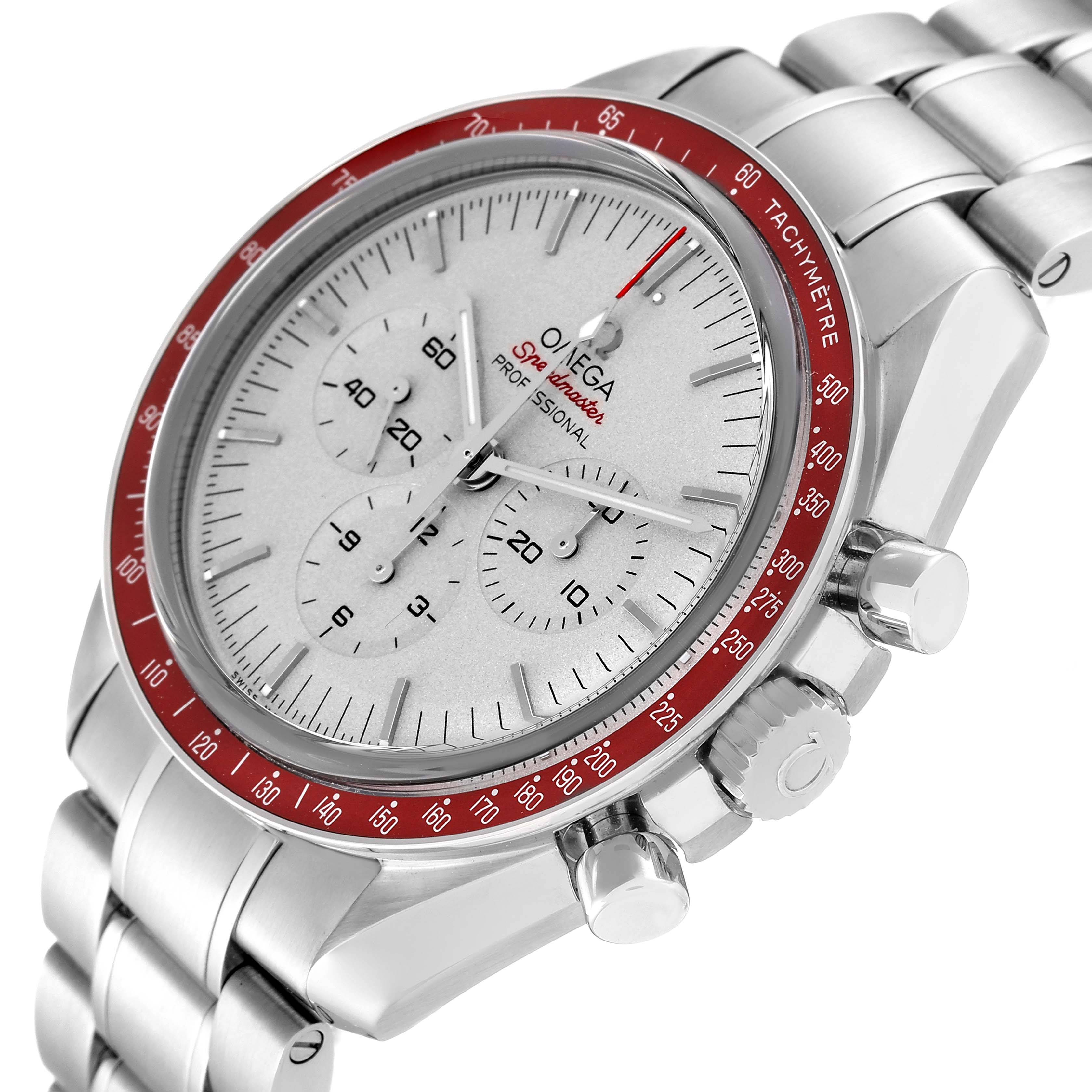 The image shows an Omega Speedmaster 522.30.42.30.06.001 Men's Stainless Steel Silver Dial 522.30.42.30.06.001 Men's Stainless Steel Silver Dial watch at a slight angle, highlighting the face, bezel, crown, pushers, and part of the bracelet.