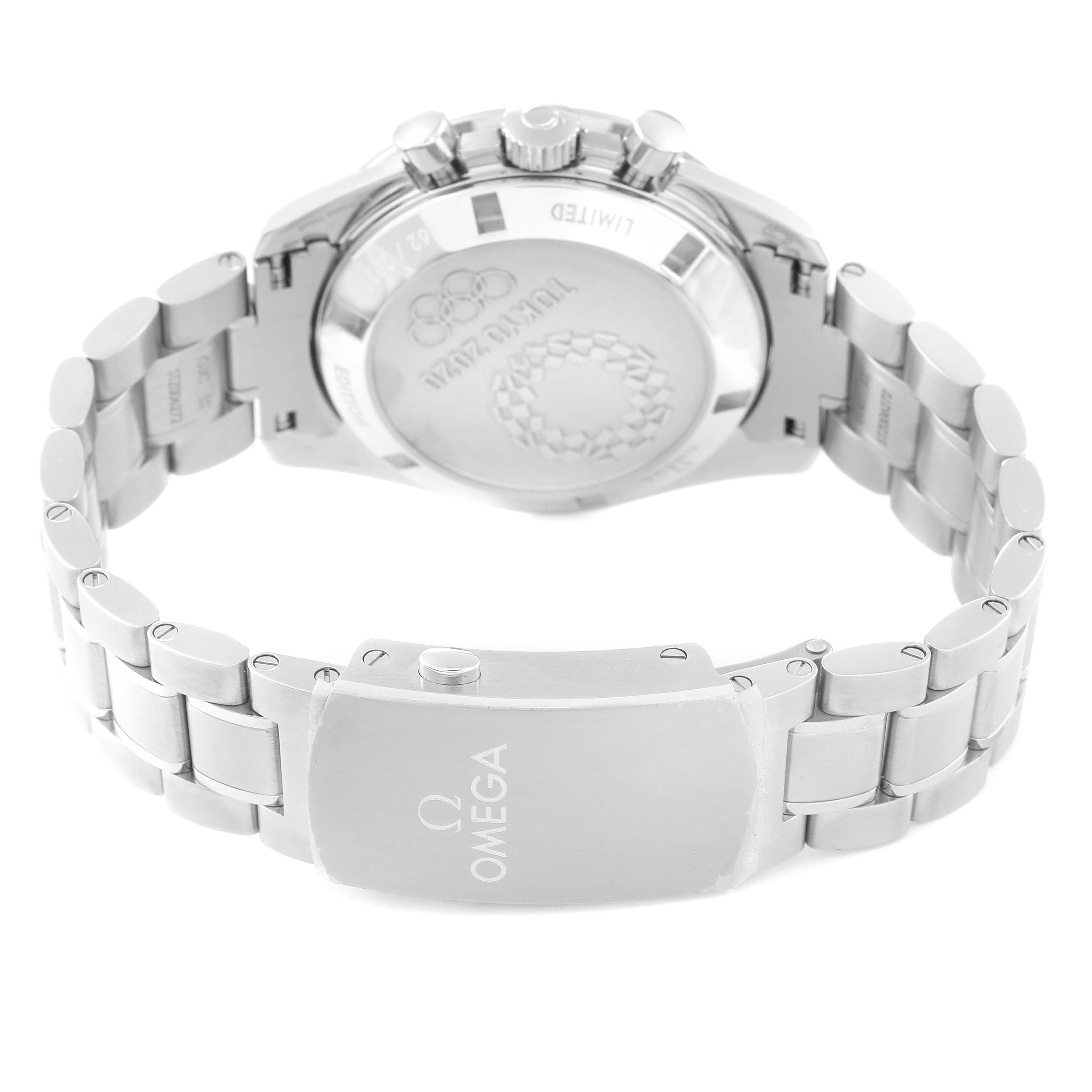 This image shows the back view of an Omega Speedmaster 522.30.42.30.06.001 Men's Stainless Steel Silver Dial 522.30.42.30.06.001 Men's Stainless Steel Silver Dial watch, highlighting the bracelet, clasp, case back, and side pushers.