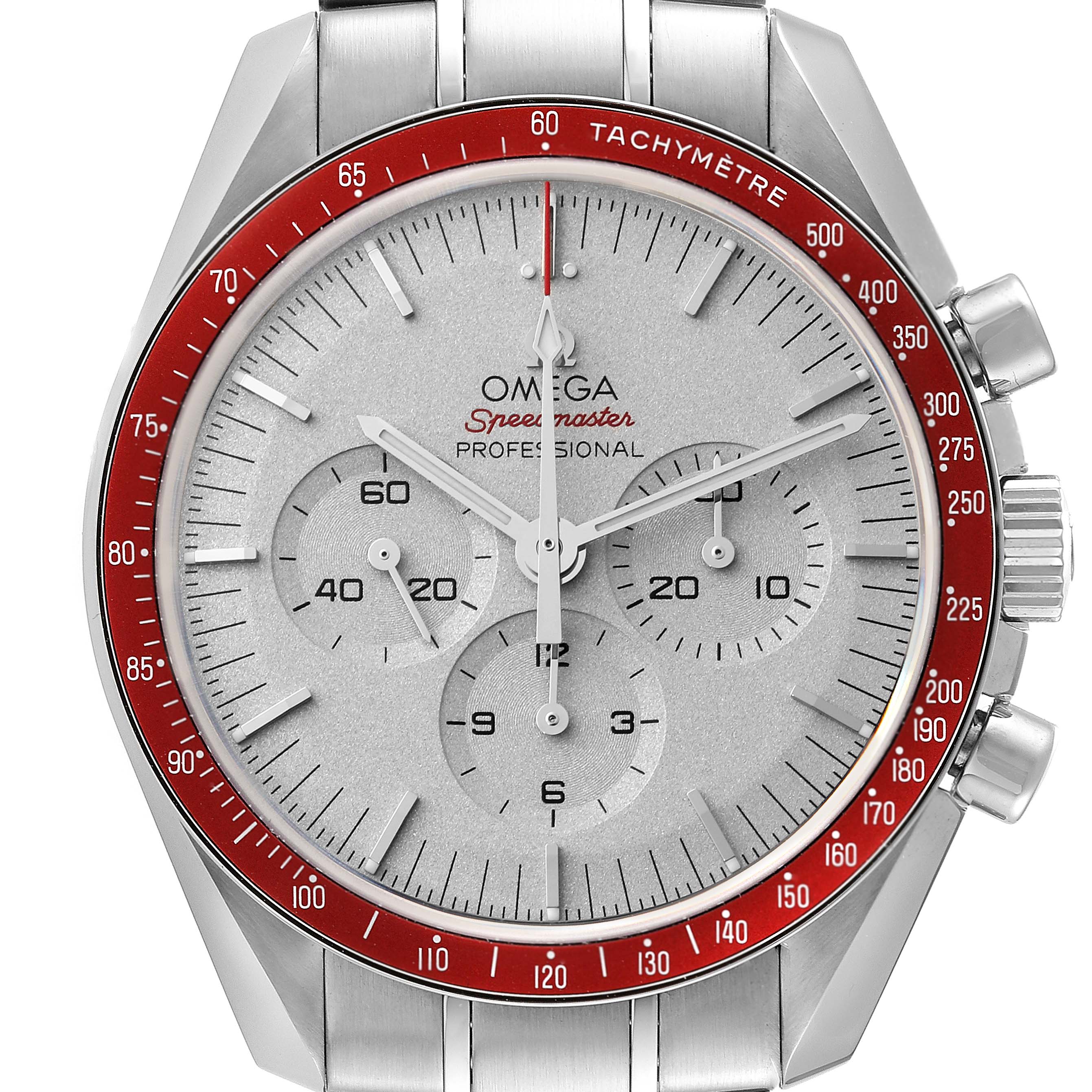 This image shows a front view of the Omega Speedmaster 522.30.42.30.06.001 Men's Stainless Steel Silver Dial 522.30.42.30.06.001 Men's Stainless Steel Silver Dial Professional watch, highlighting its dial, subdials, and red tachymeter bezel.