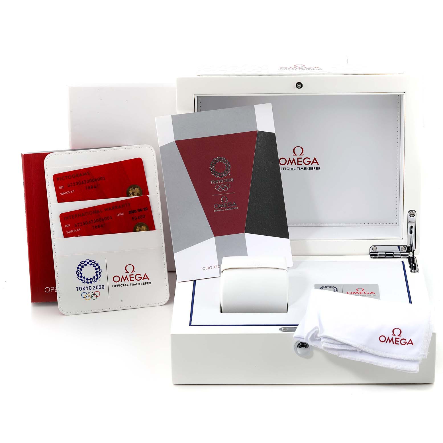 The image shows the packaging, warranty cards, and documentation for the Omega Speedmaster 522.30.42.30.06.001 Men's Stainless Steel Silver Dial 522.30.42.30.06.001 Men's Stainless Steel Silver Dial watch.