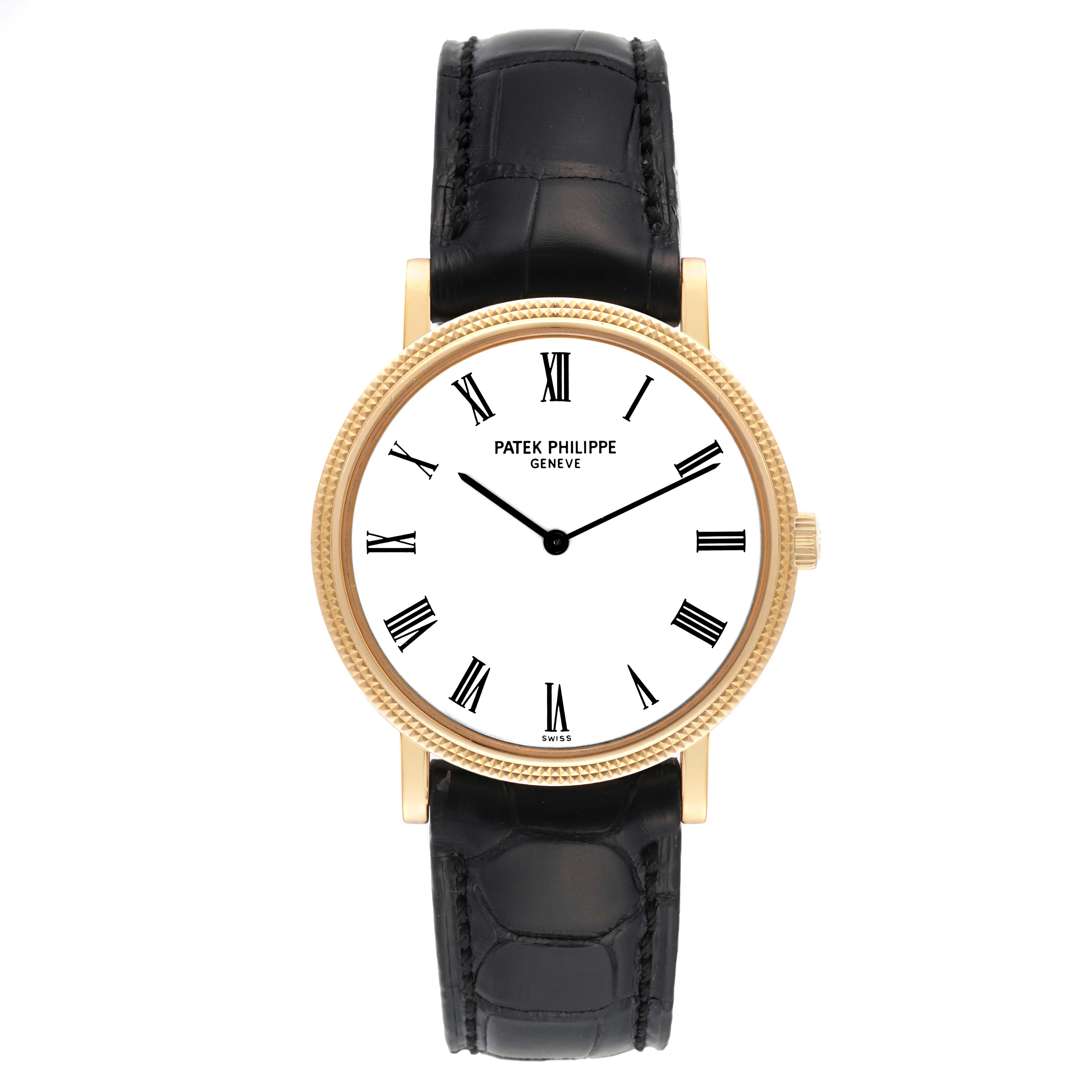 The Patek Philippe Calatrava 5120J Men's Yellow Gold White Dial 5120J Men's Yellow Gold White Dial watch is shown from a front angle, displaying its face, bezel, and leather strap.