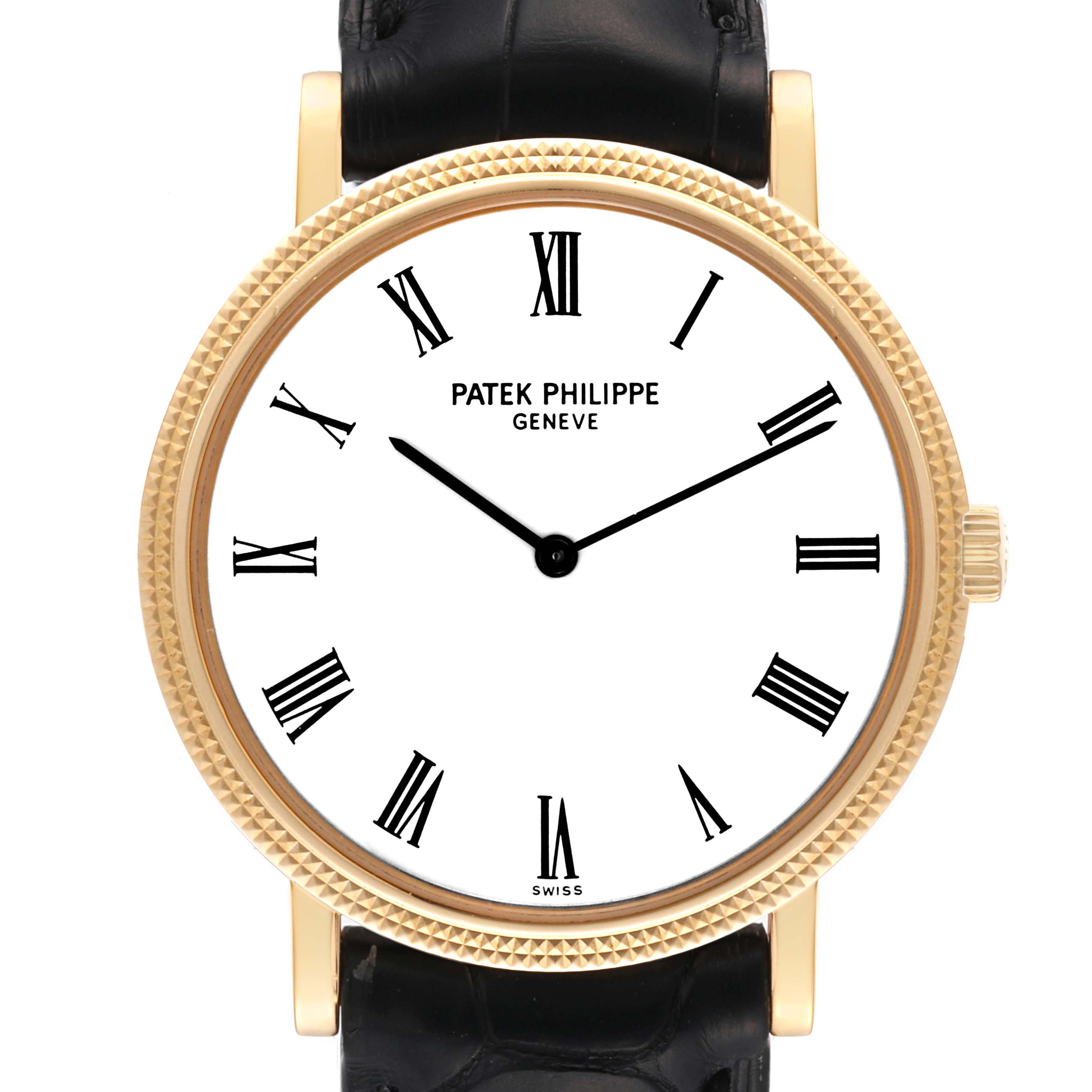 The image shows a front view of the Calatrava model by Patek Philippe, displaying the watch face, bezel, strap, and crown.