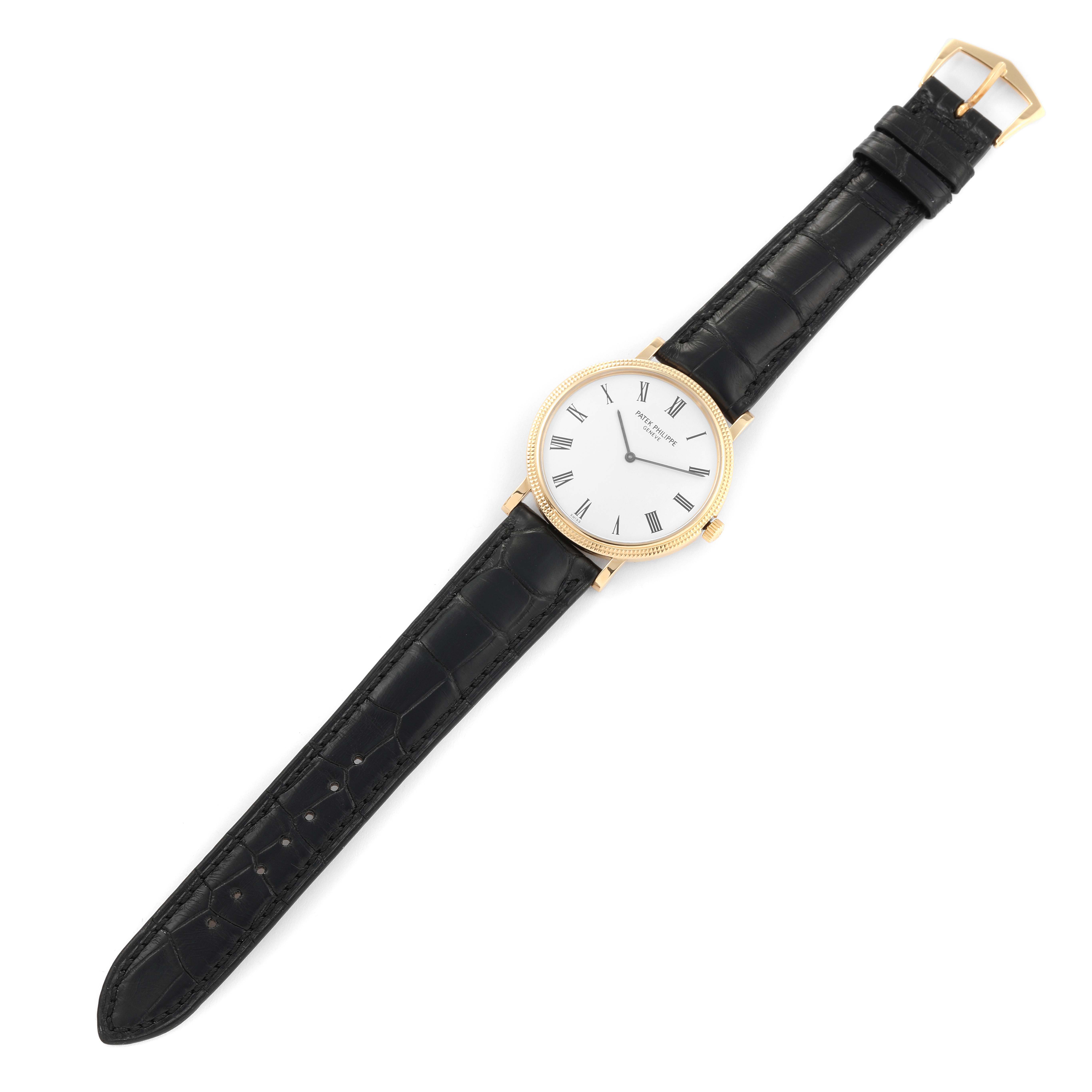 The image shows a bird's-eye view of the Patek Philippe Calatrava 5120J Men's Yellow Gold White Dial 5120J Men's Yellow Gold White Dial watch featuring its white dial, black leather strap, and gold buckle.