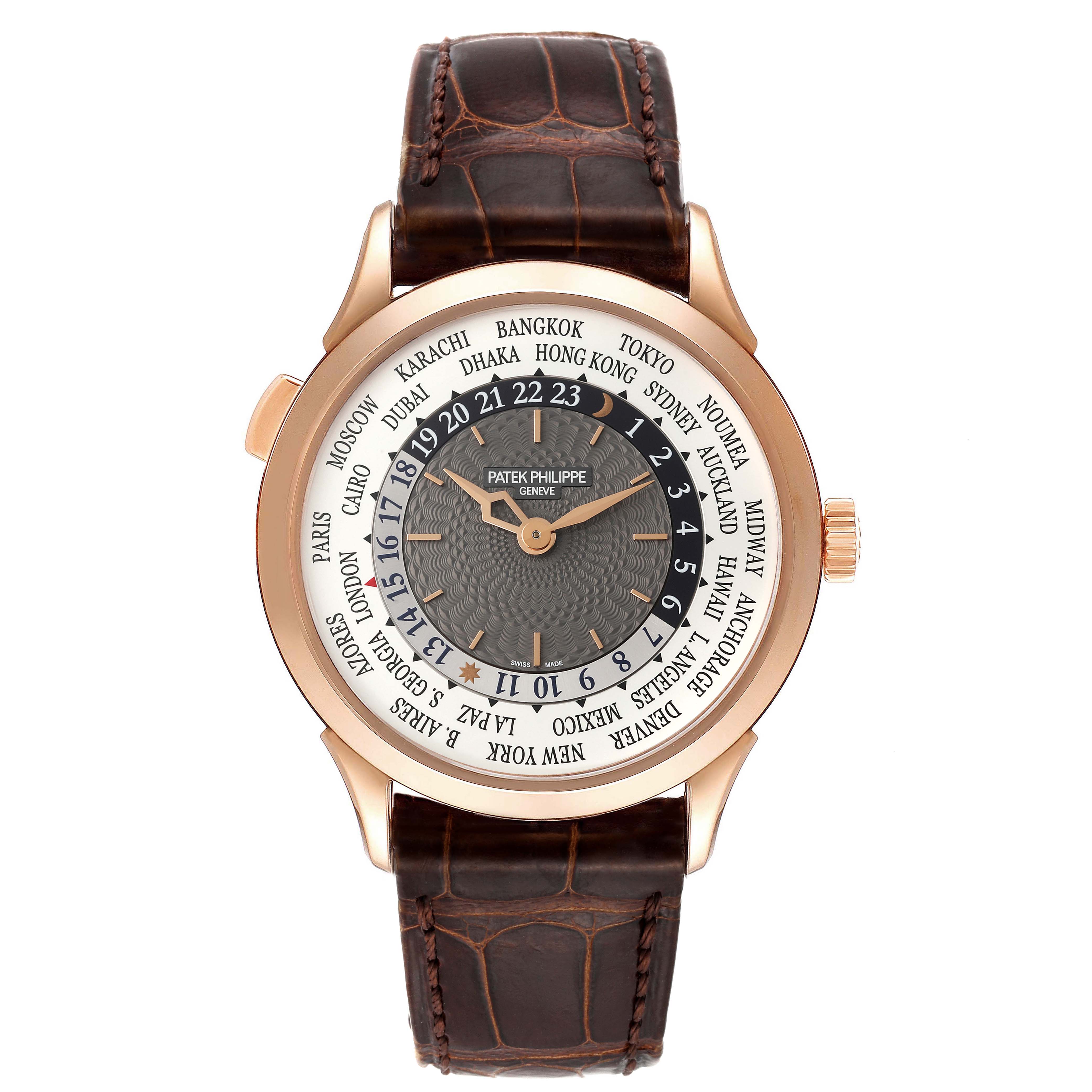 This image shows a front view of the Patek Philippe Complications 5230R Men's Rose Gold Grey Dial 5230R Men's Rose Gold Grey Dial model, featuring the dial, hands, and leather strap.
