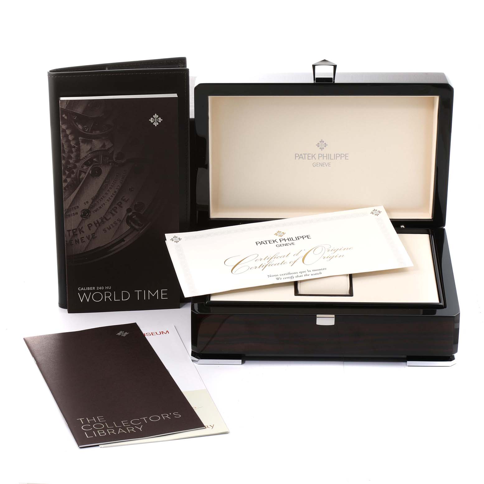The image shows the box, manuals, and certificate of origin for the Patek Philippe Complications 5230R Men's Rose Gold Grey Dial 5230R Men's Rose Gold Grey Dial model watch.