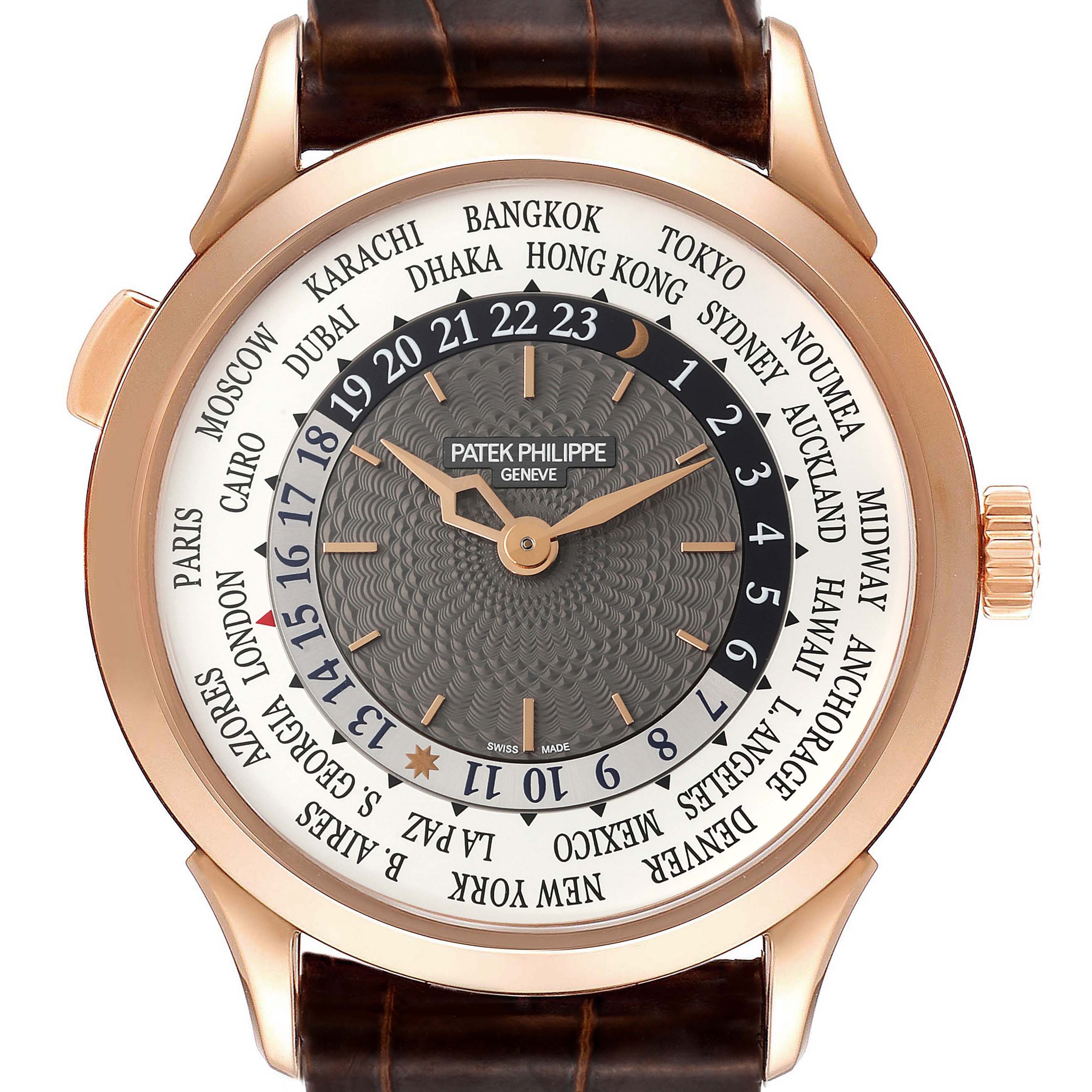 The image shows a front view of the Patek Philippe Complications 5230R Men's Rose Gold Grey Dial 5230R Men's Rose Gold Grey Dial model, displaying the entire watch face and strap.