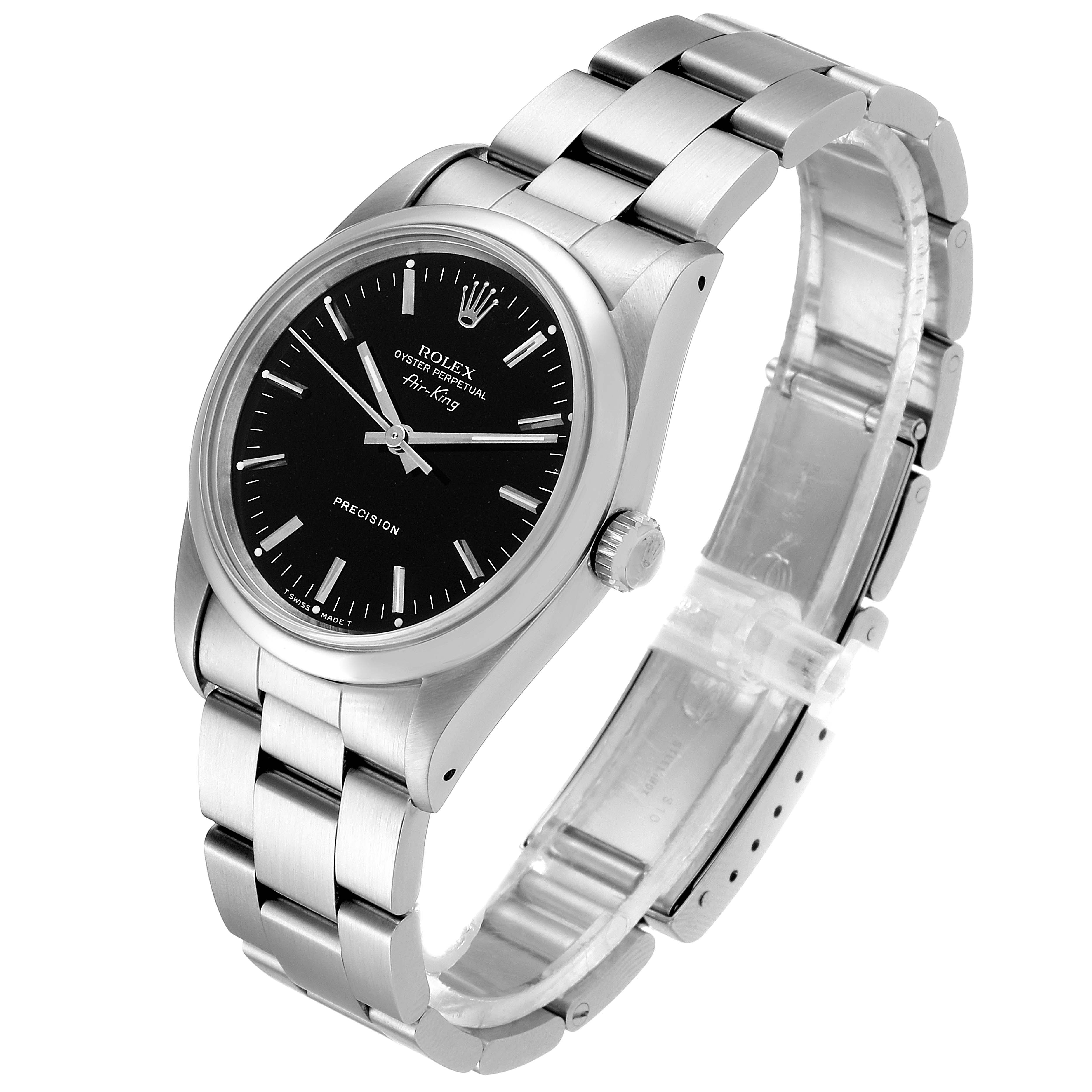 This image shows a Rolex Air-King 14000 Men's Stainless Steel Black Dial 14000 Men's Stainless Steel Black Dial watch at a slight angle, displaying the dial, crown, and bracelet.