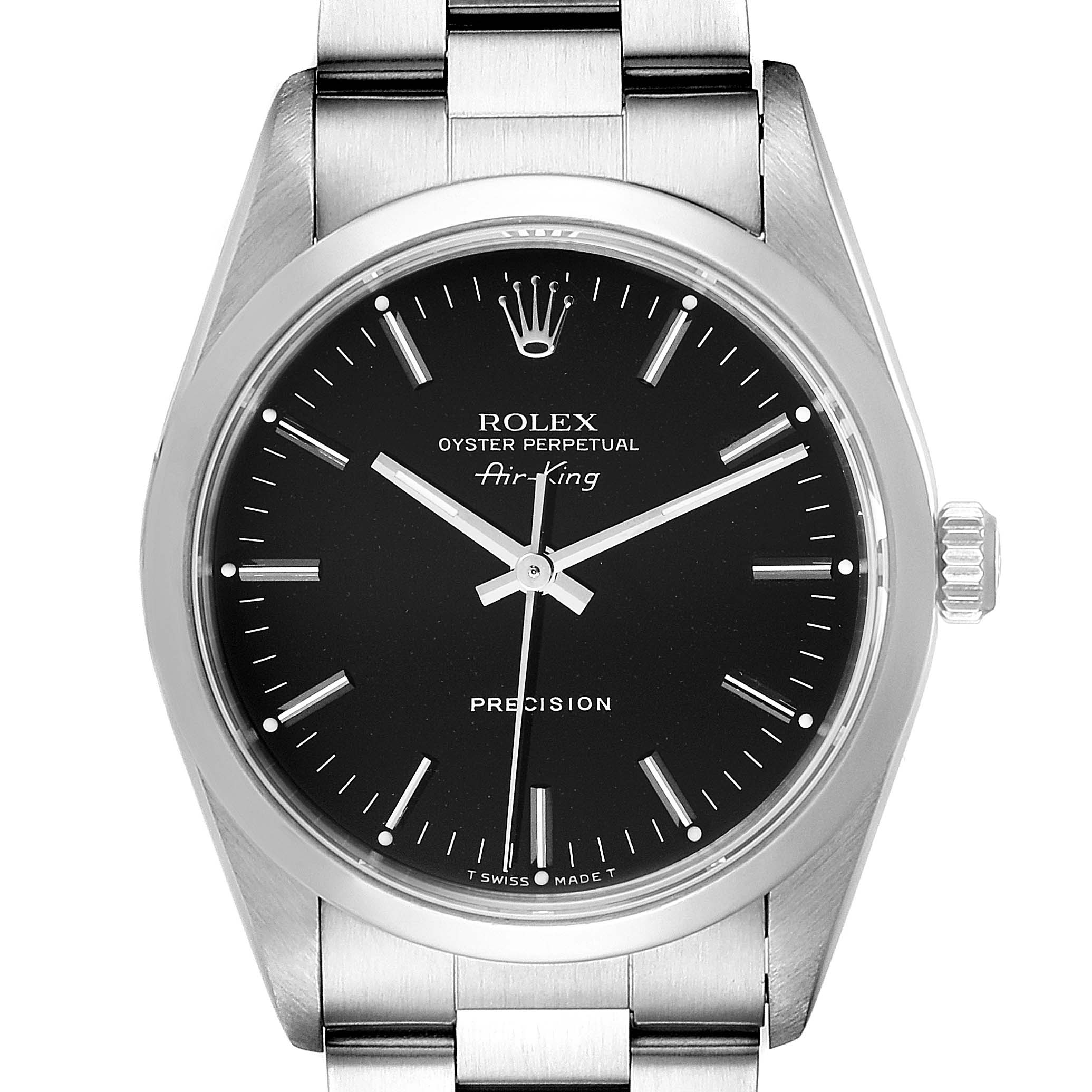 The Rolex Air-King 14000 Men's Stainless Steel Black Dial 14000 Men's Stainless Steel Black Dial watch is shown from a straight-on angle, displaying the face, crown, and part of the bracelet.