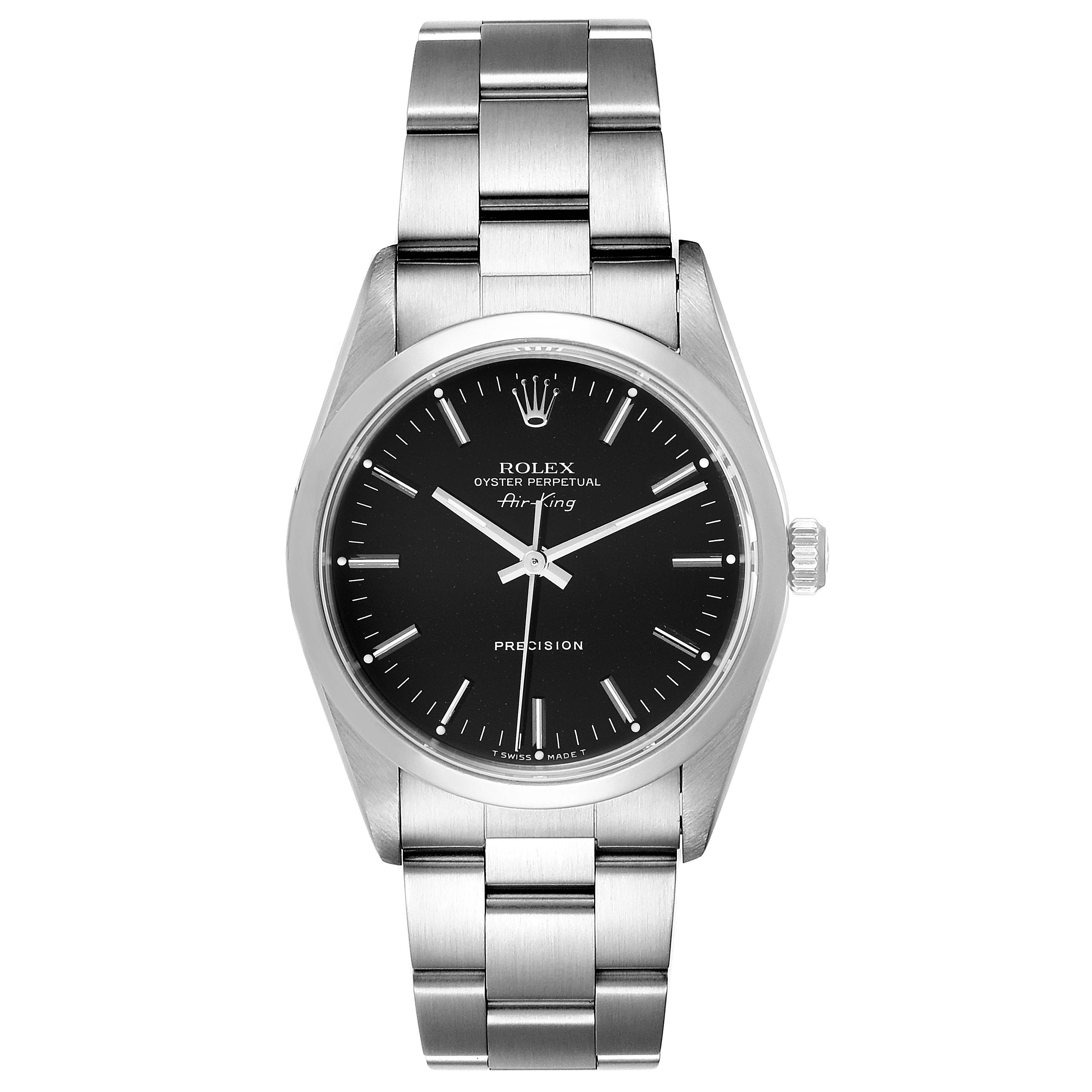 The image shows a front view of a Rolex Air-King 14000 Men's Stainless Steel Black Dial 14000 Men's Stainless Steel Black Dial watch, featuring the dial, case, and bracelet.