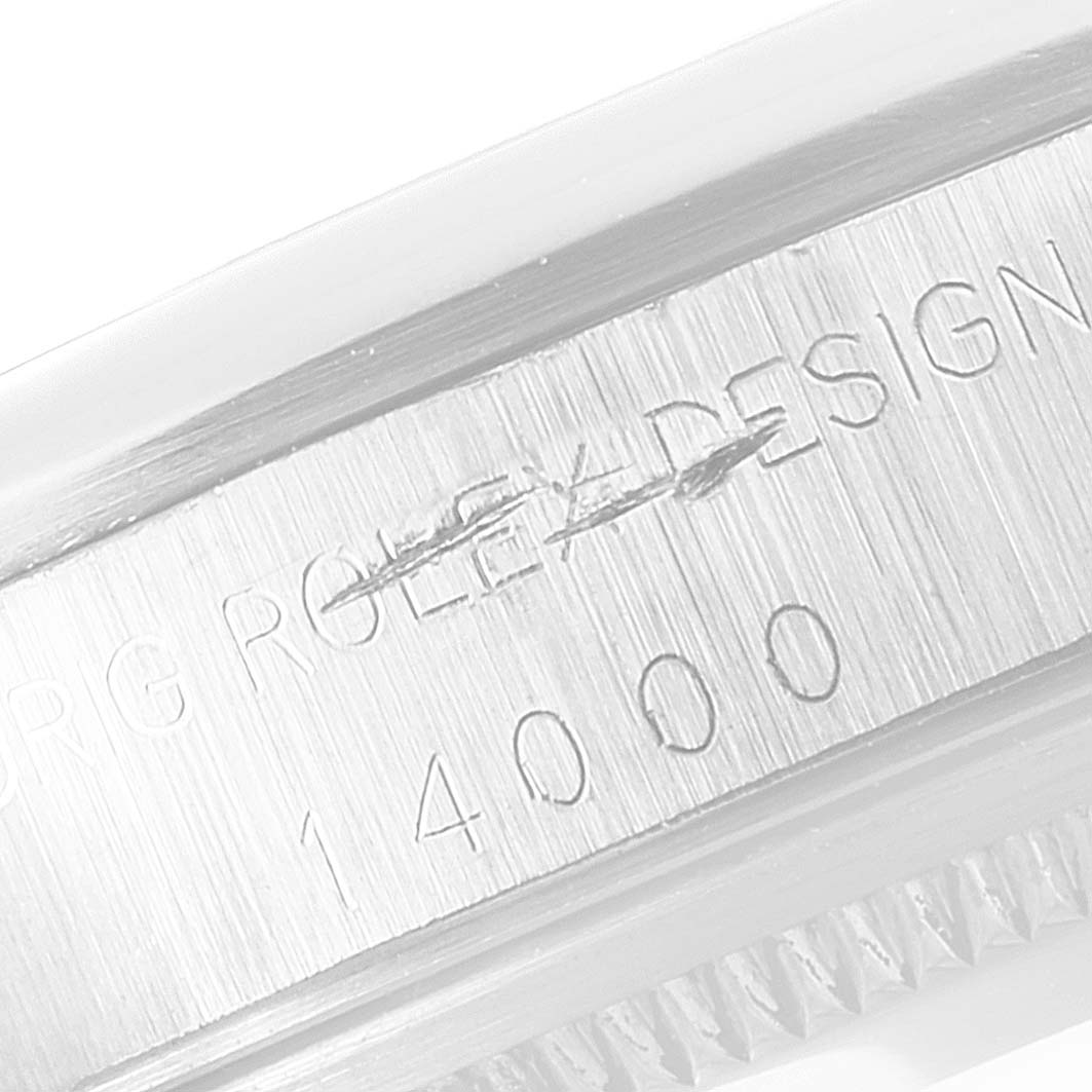 The image shows a close-up of the side engraving on the Rolex Air-King 14000 Men's Stainless Steel Black Dial 14000 Men's Stainless Steel Black Dial model.