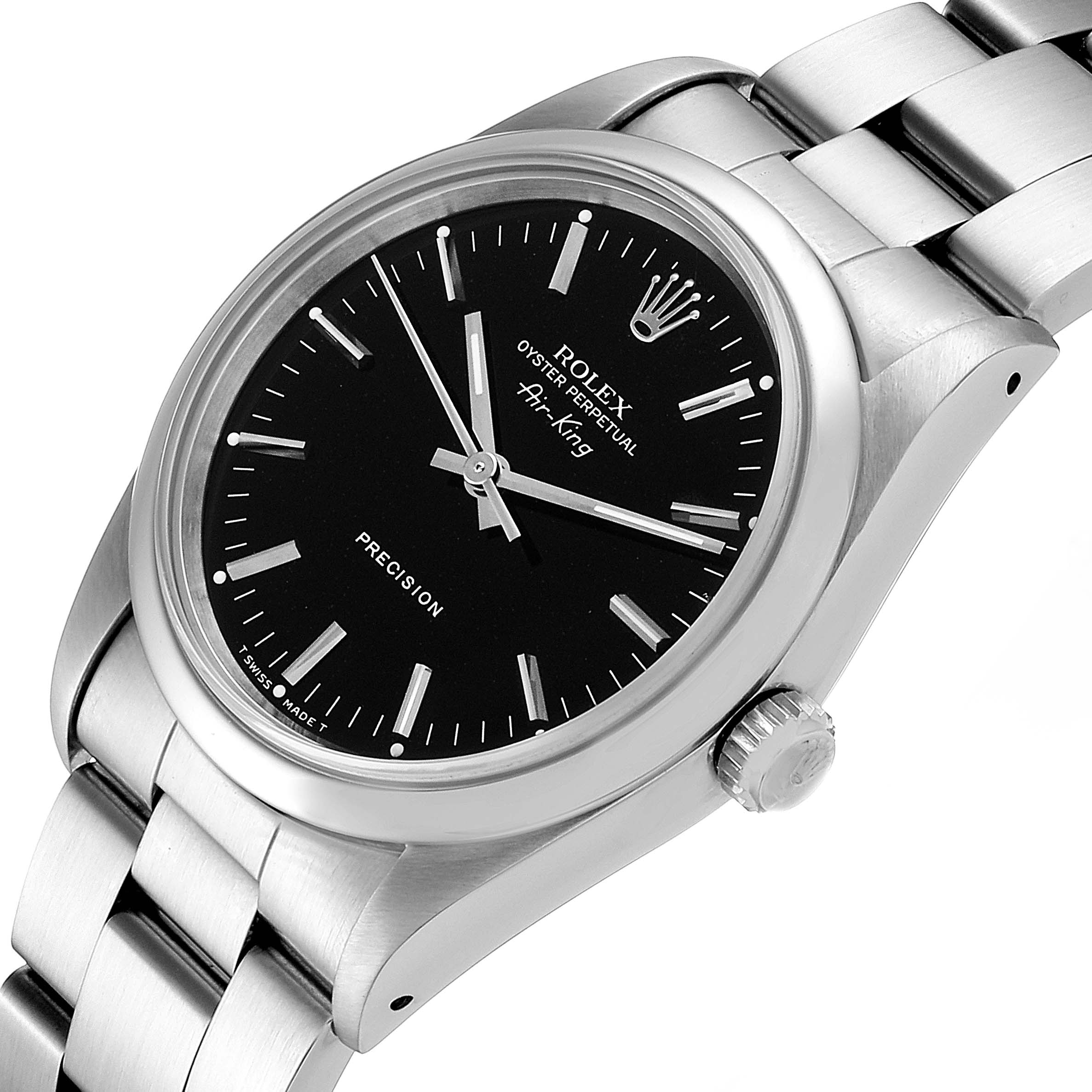 The image shows a Rolex Air-King 14000 Men's Stainless Steel Black Dial 14000 Men's Stainless Steel Black Dial watch at an angled view, highlighting the black dial, crown, and part of the bracelet.