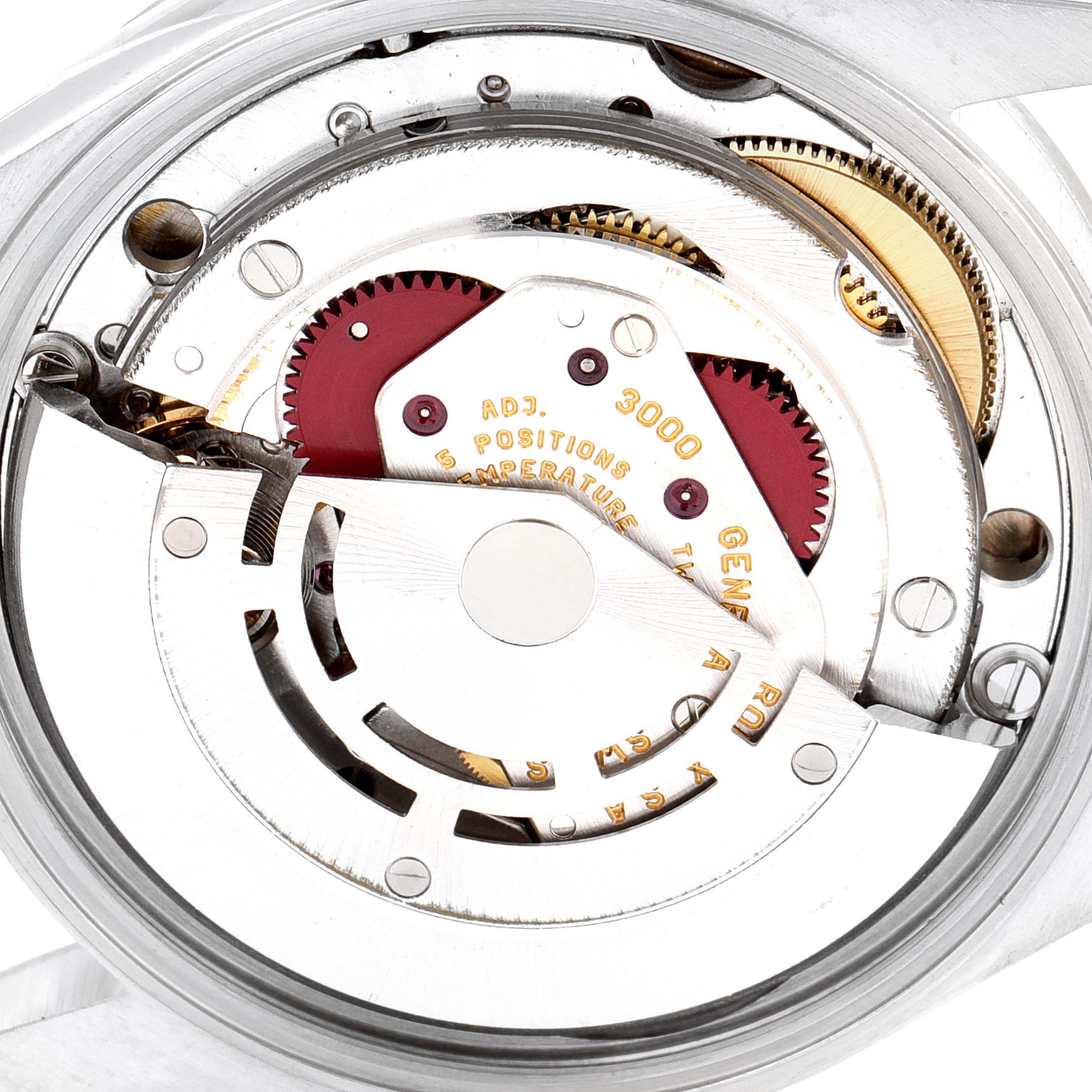 The image shows a close-up view of the movement mechanism inside the Rolex Air-King 14000 Men's Stainless Steel Pink Dial 14000 Men's Stainless Steel Pink Dial watch.