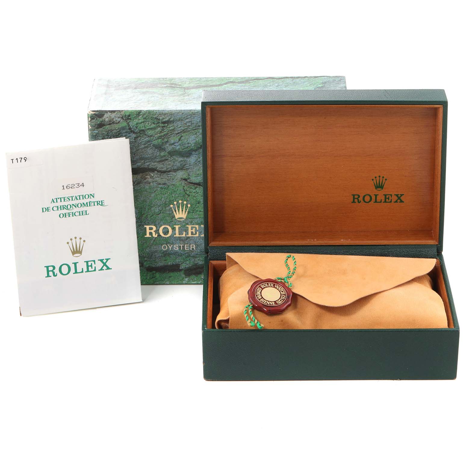 The image shows the packaging and documentation for a Rolex Air-King 14000 Men's Stainless Steel Pink Dial 14000 Men's Stainless Steel Pink Dial watch, including the outer box, wooden inner box, and a booklet.