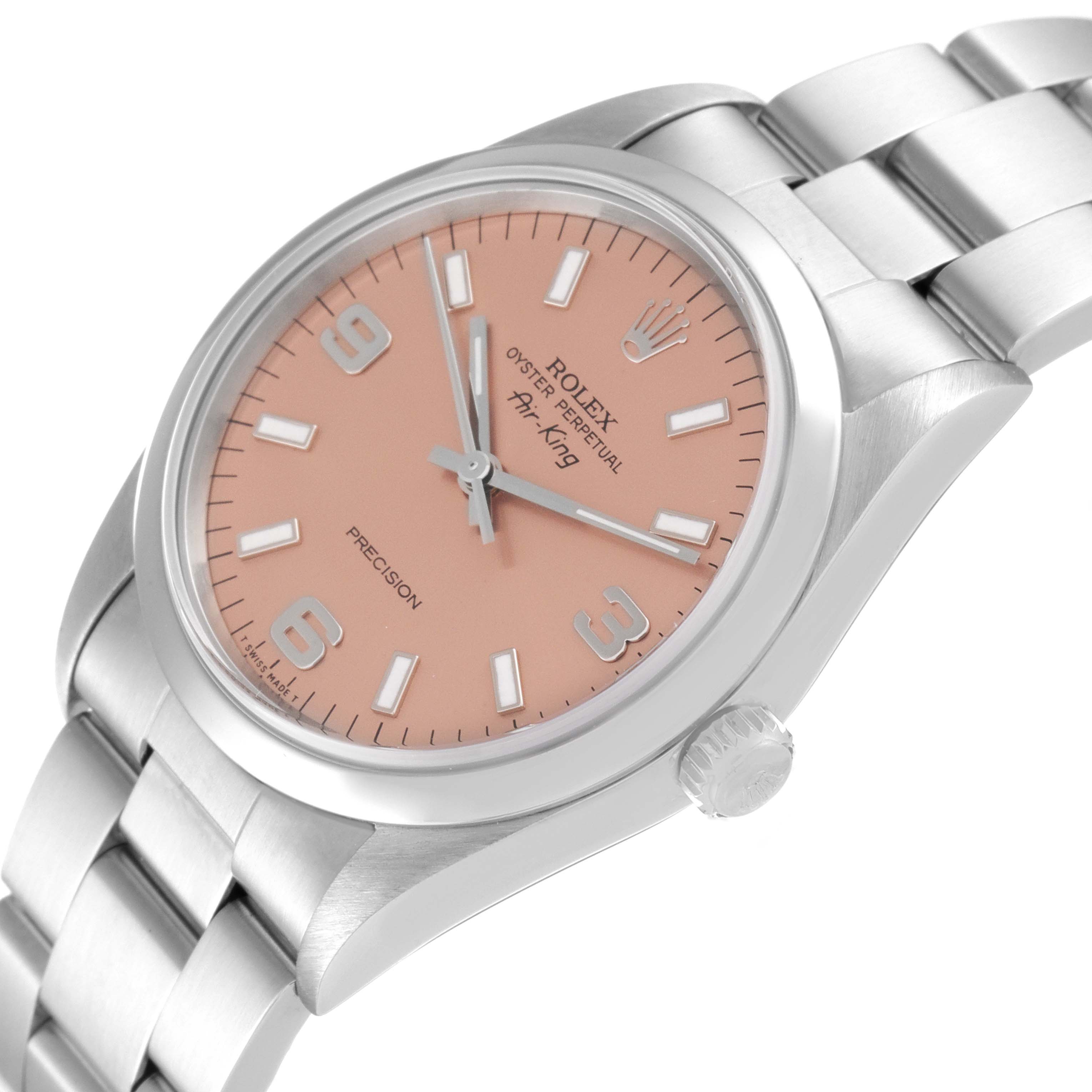 The image shows a Rolex Air-King 14000 Men's Stainless Steel Pink Dial 14000 Men's Stainless Steel Pink Dial watch angled from the front-left, highlighting the face, dial, and bracelet.