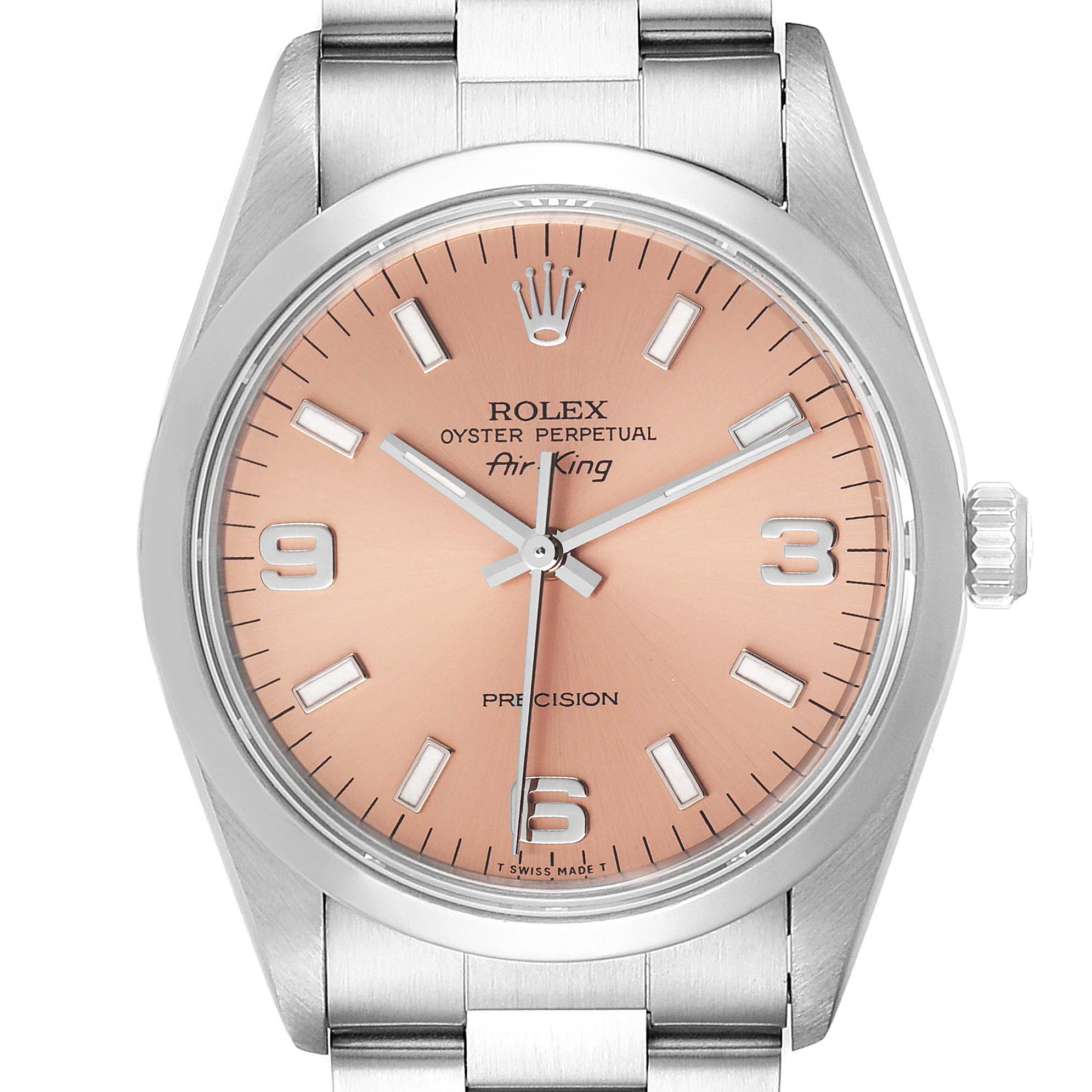 The image shows a front view of the Rolex Air-King 14000 Men's Stainless Steel Pink Dial 14000 Men's Stainless Steel Pink Dial watch, highlighting the dial, hour markers, and stainless steel bracelet.