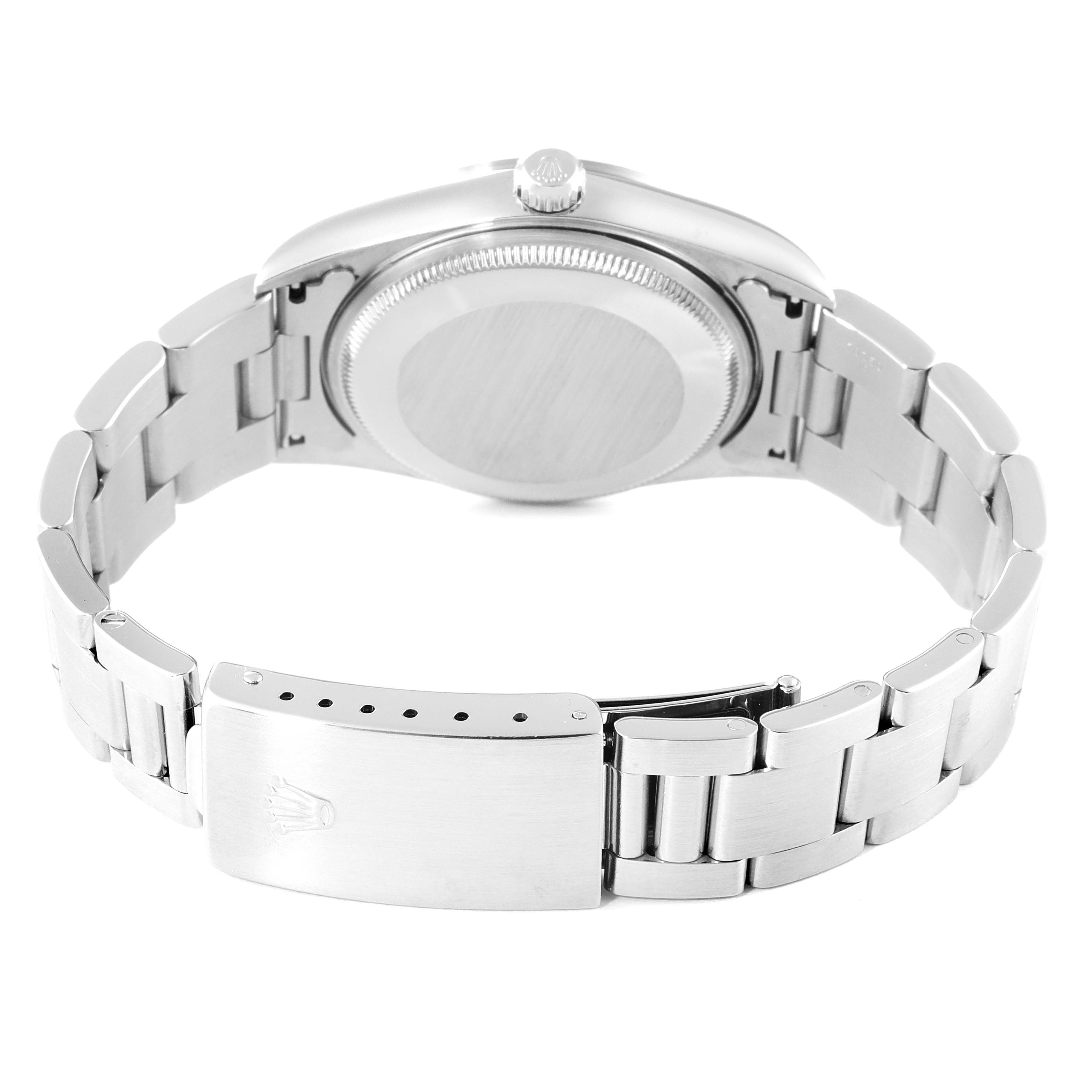 The image shows the back view of a Rolex Air-King 14000 Men's Stainless Steel Pink Dial 14000 Men's Stainless Steel Pink Dial watch, highlighting the clasp, bracelet, and case back.